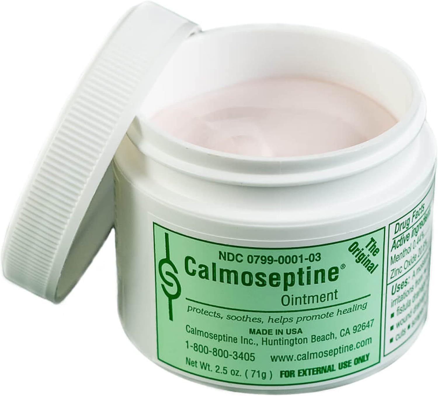 Calmoseptine ointment label highlighting zinc oxide and calamine