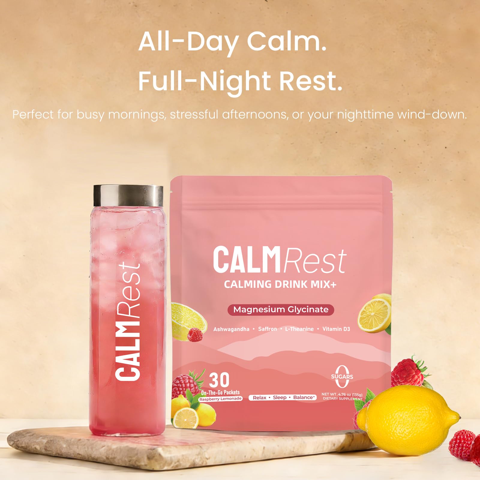 CalmRest bedside setup with jar and spoon for night relaxation.
