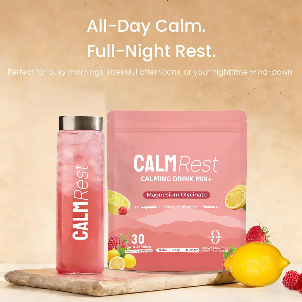 CalmRest bedside setup with jar and spoon for night relaxation.
