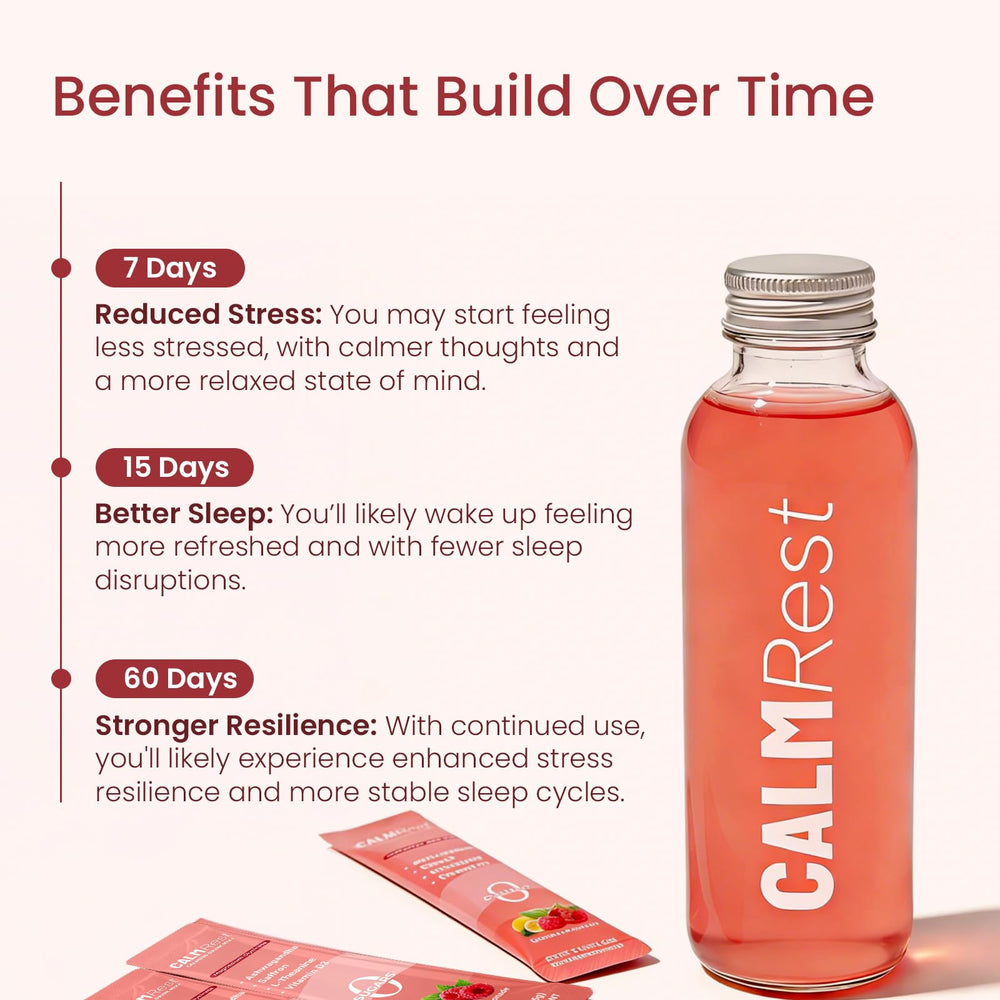 CalmRest daily calm powder beside water for routine use.