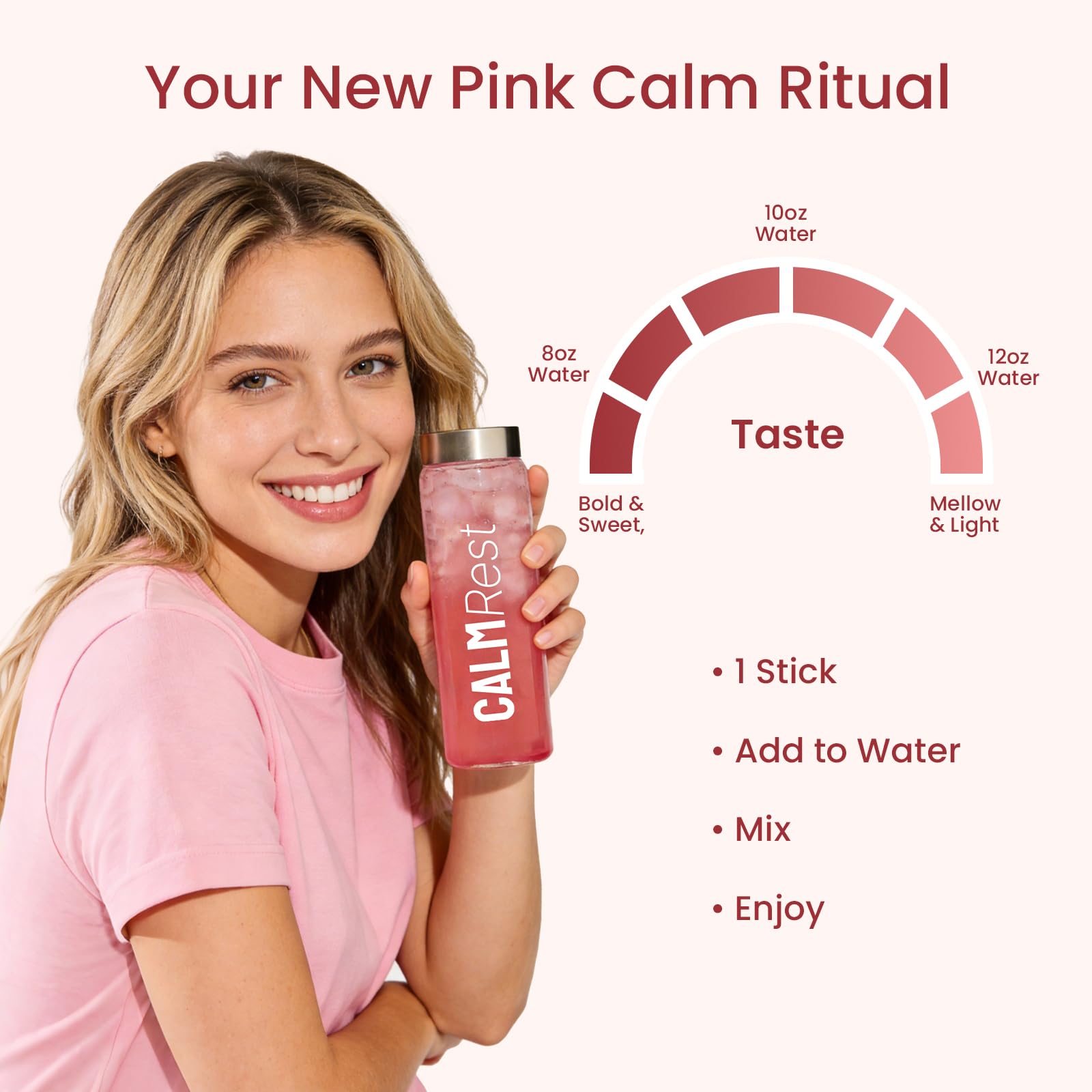 CalmRest glass with pink drink during workday wind-down.