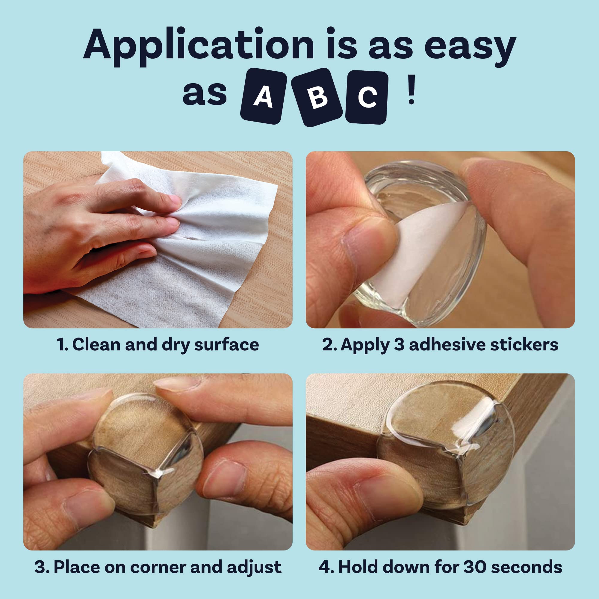 CalMyotis corner protector clear installation on a table edge enables quick safety.