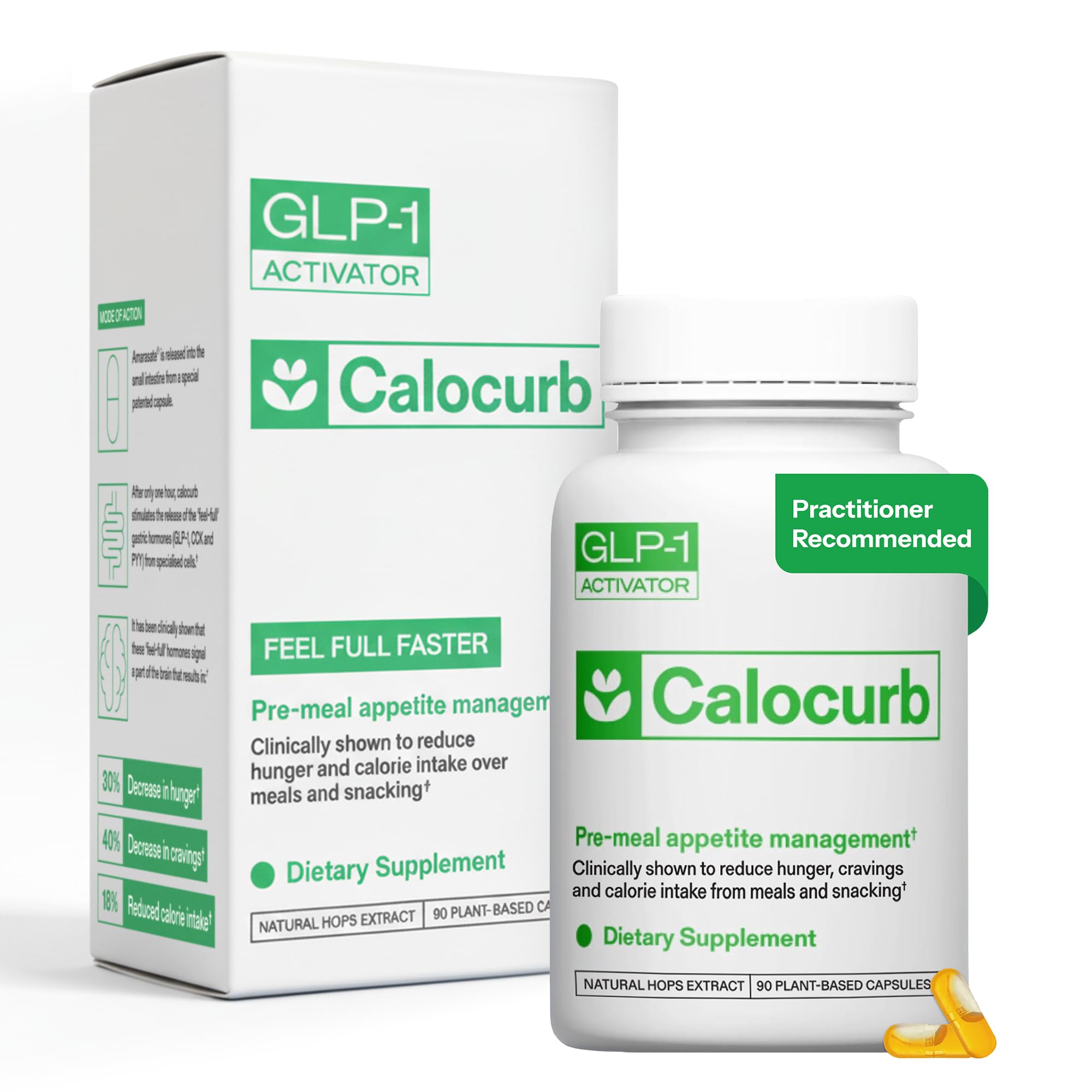 Calocurb bottle front shows plant-based GLP-1 support for appetite control.
