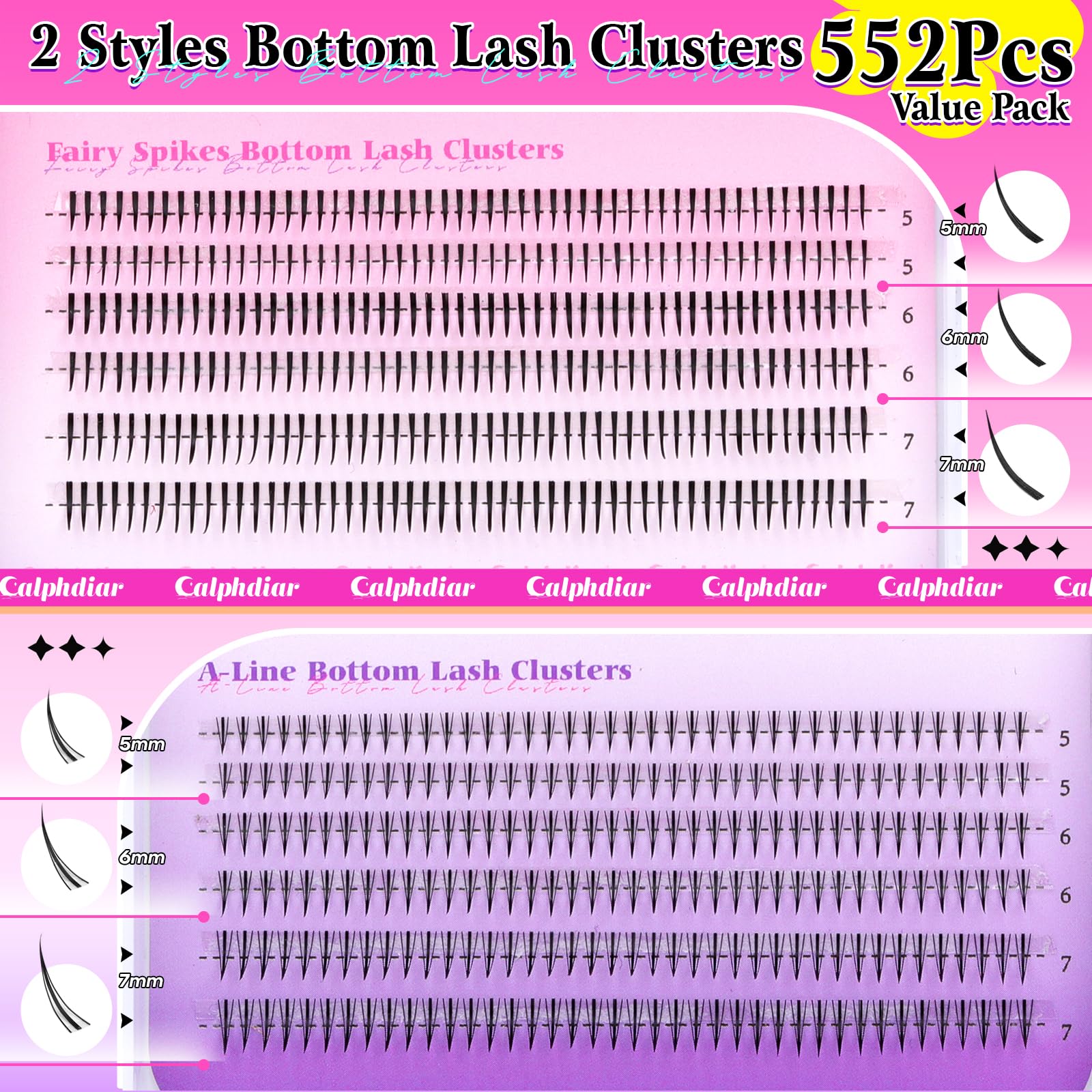 Calphdiar bottom lashes clusters two-styles-pack for versatile styling.