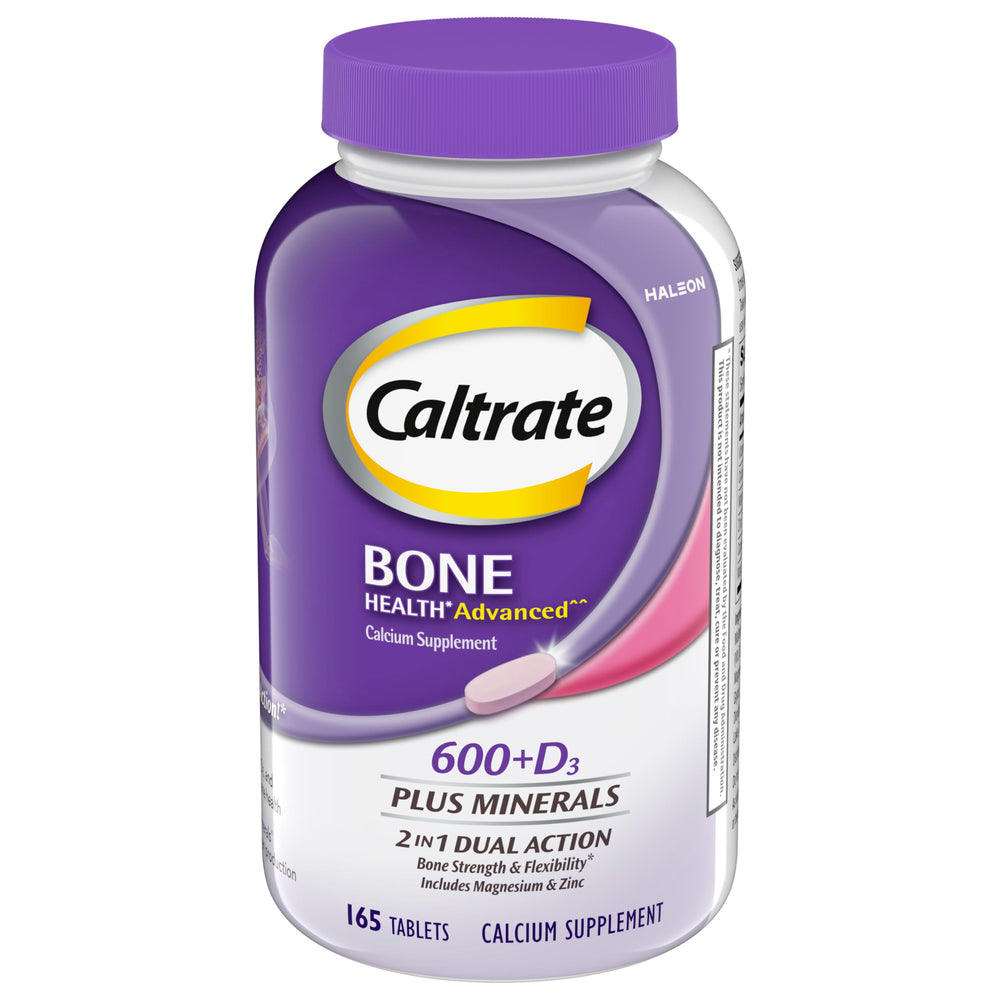 Caltrate 600 Plus D3 Minerals bottle shows 165-count package for bone support