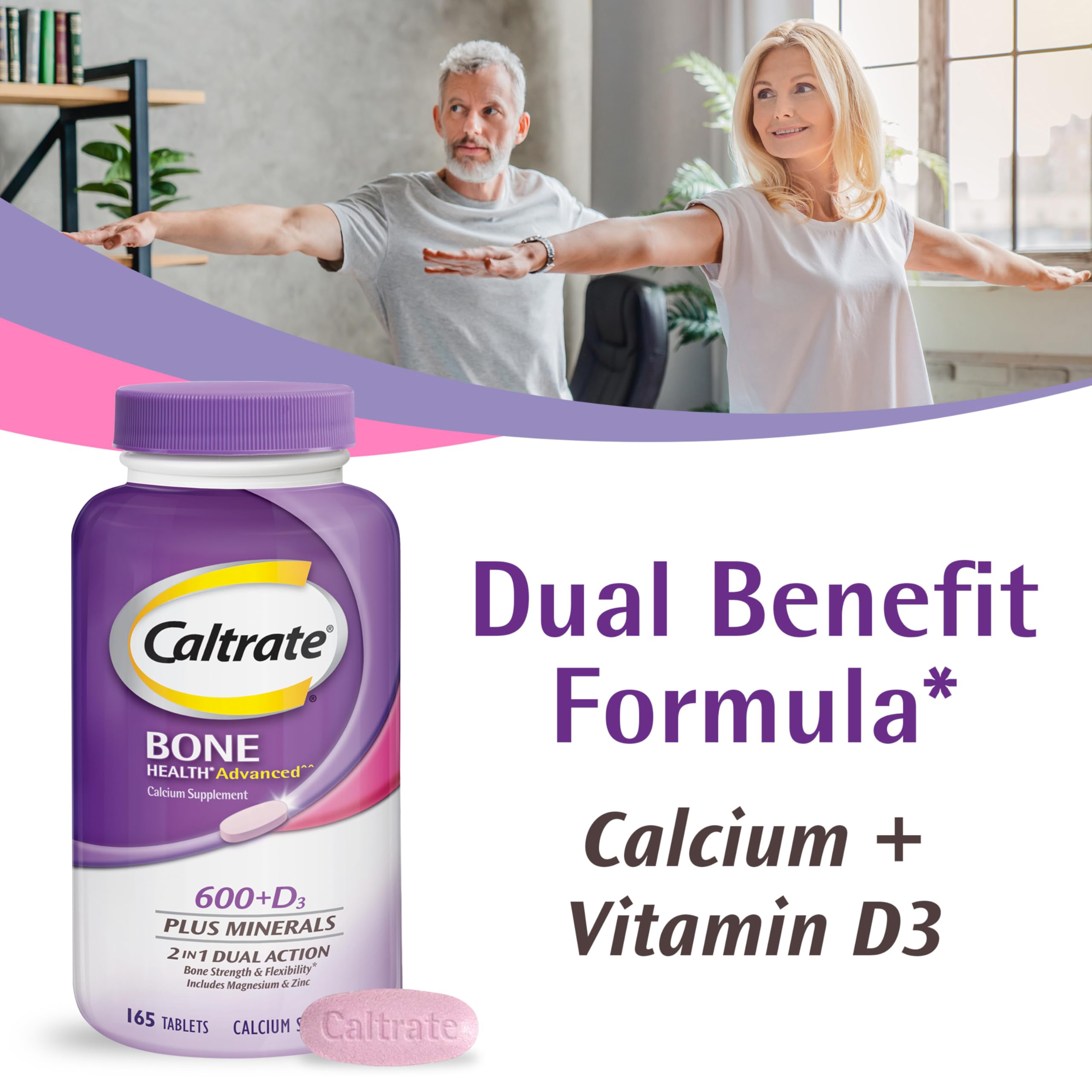 Closeup of Caltrate tablets showing 600 mg calcium and 20 mcg vitamin D3