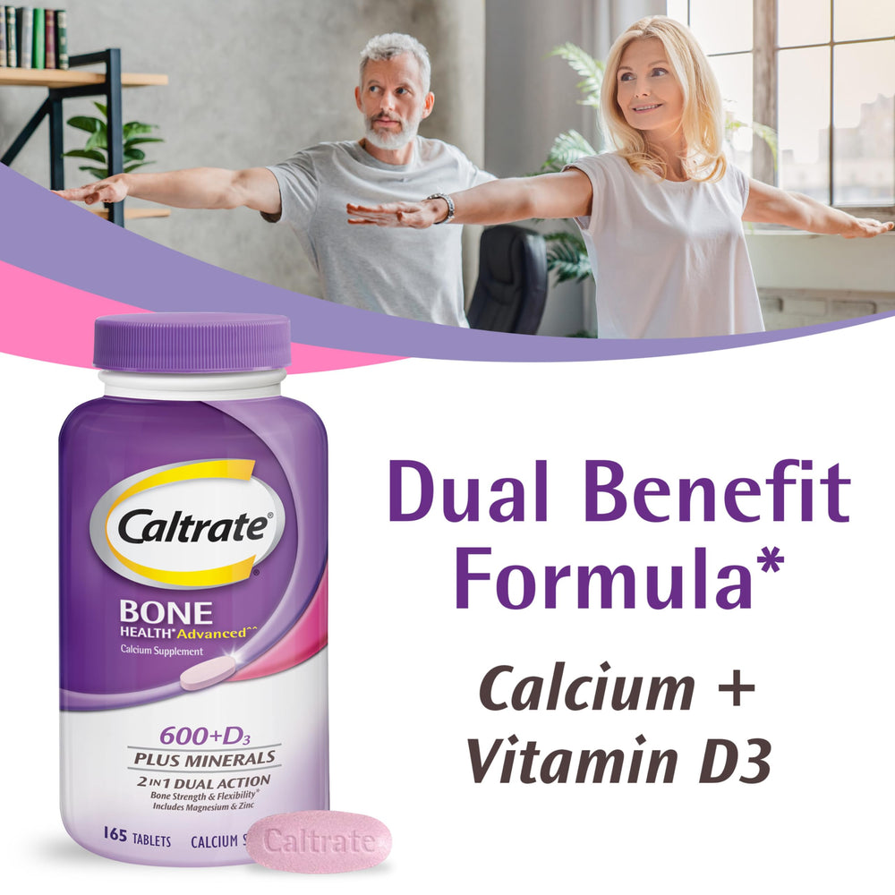 Closeup of Caltrate tablets showing 600 mg calcium and 20 mcg vitamin D3