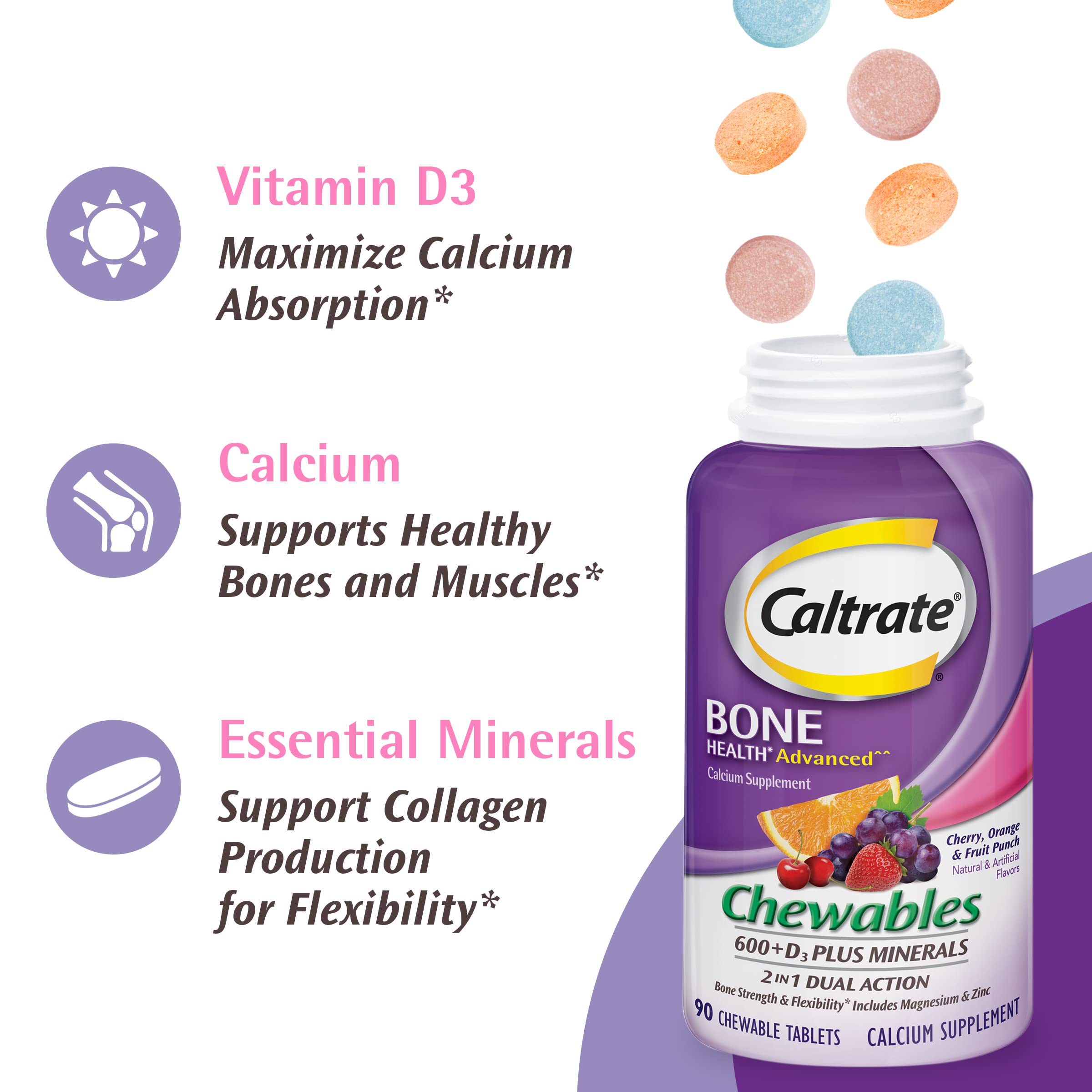 Caltrate bottle cap and label detail with vitamin D3 note.