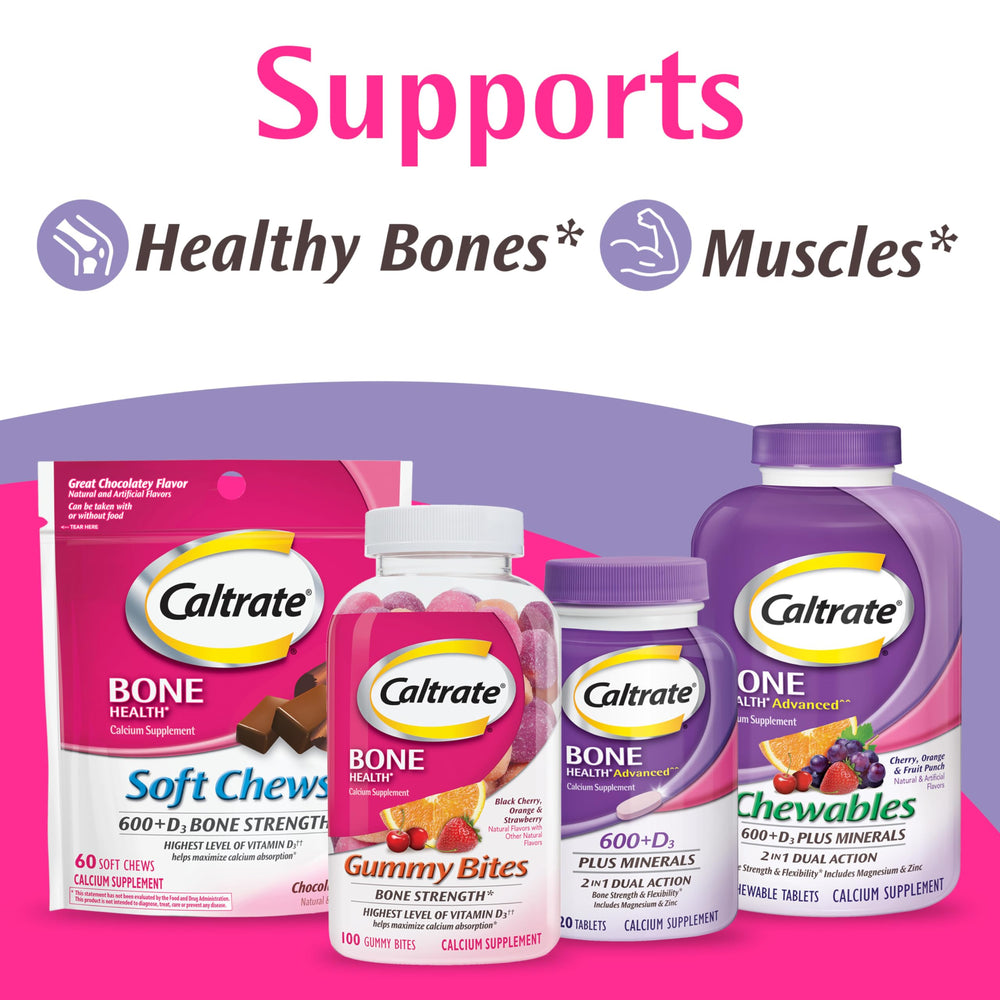 Caltrate bottle beside calcium-rich foods for balance
