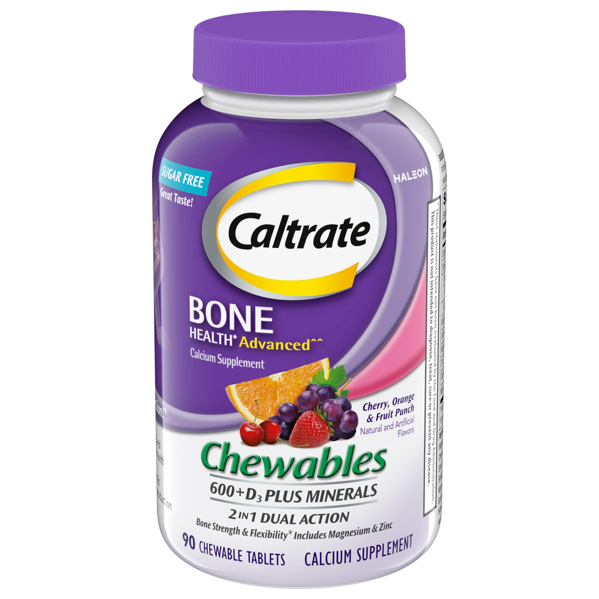 Caltrate 600+D3 chewables bottle highlighting sugar-free calcium formula for daily bone support.
