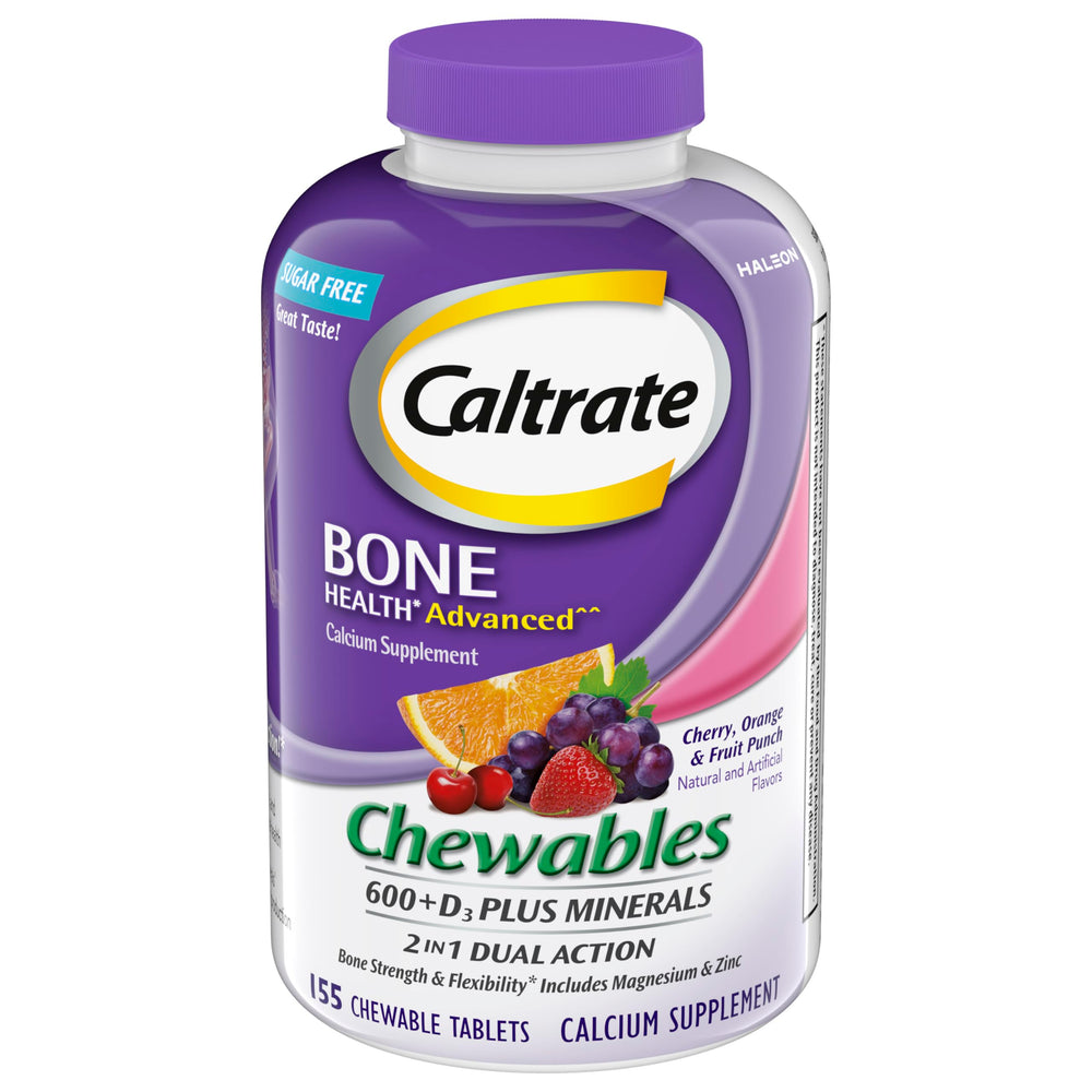 Caltrate chews bottle front displaying sugar-free calcium with vitamin D3 for daily support
