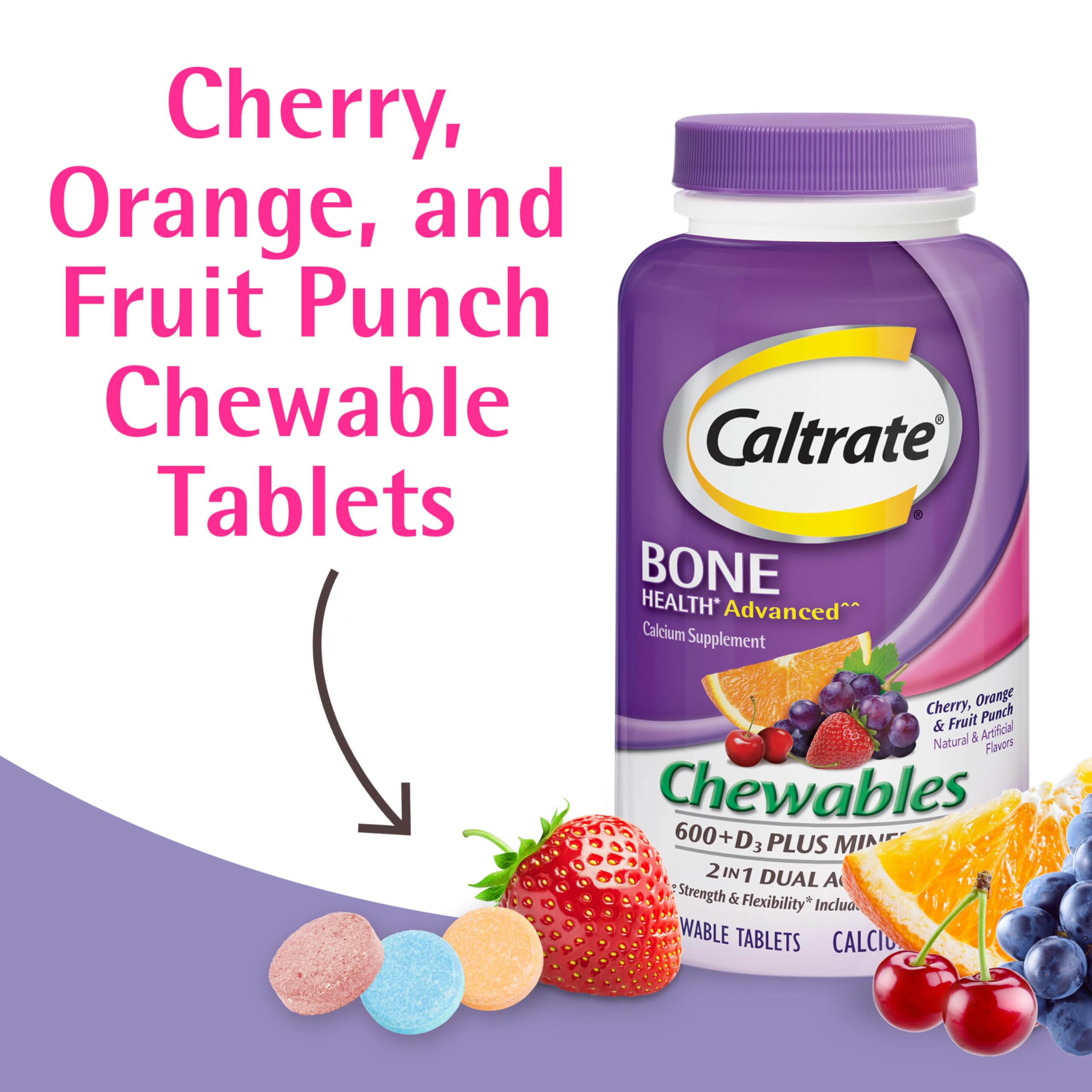 Close-up of Caltrate chewable tablets ready for daily use.