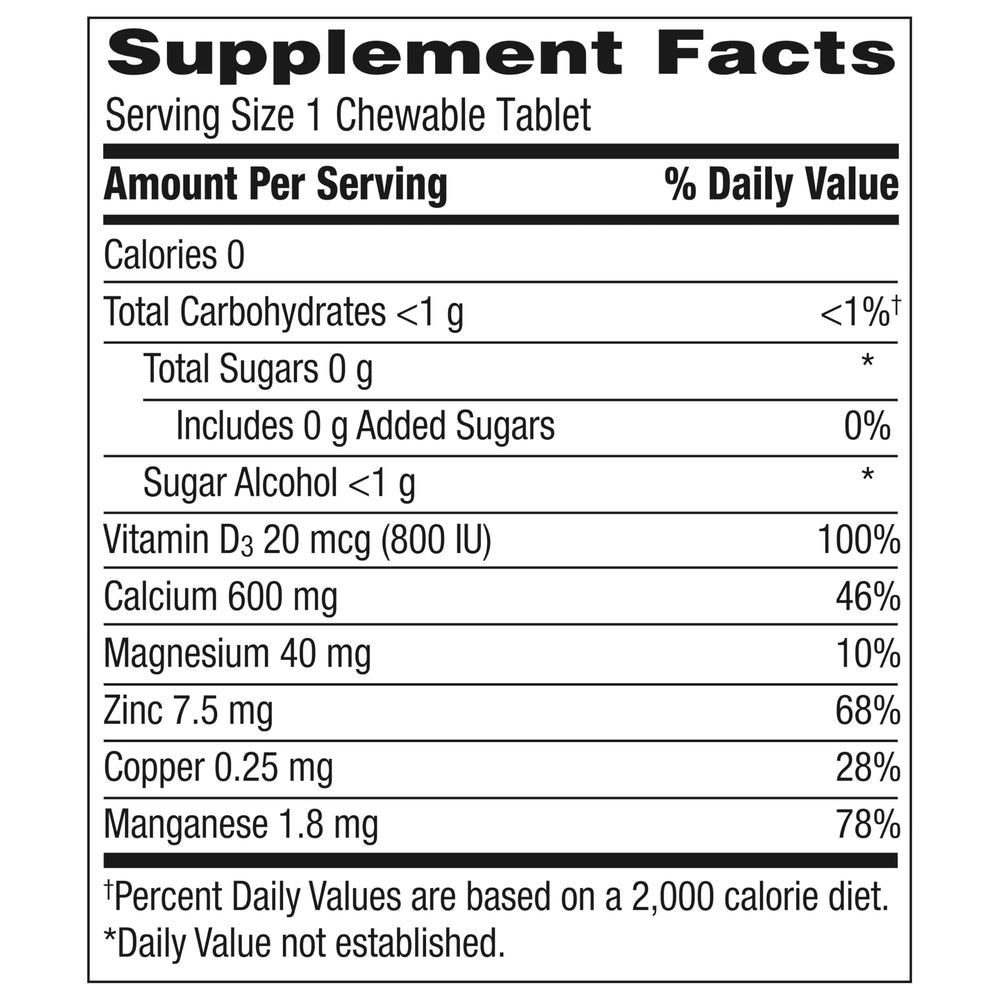 Caltrate label notes 20 mcg D3 per tablet for absorption