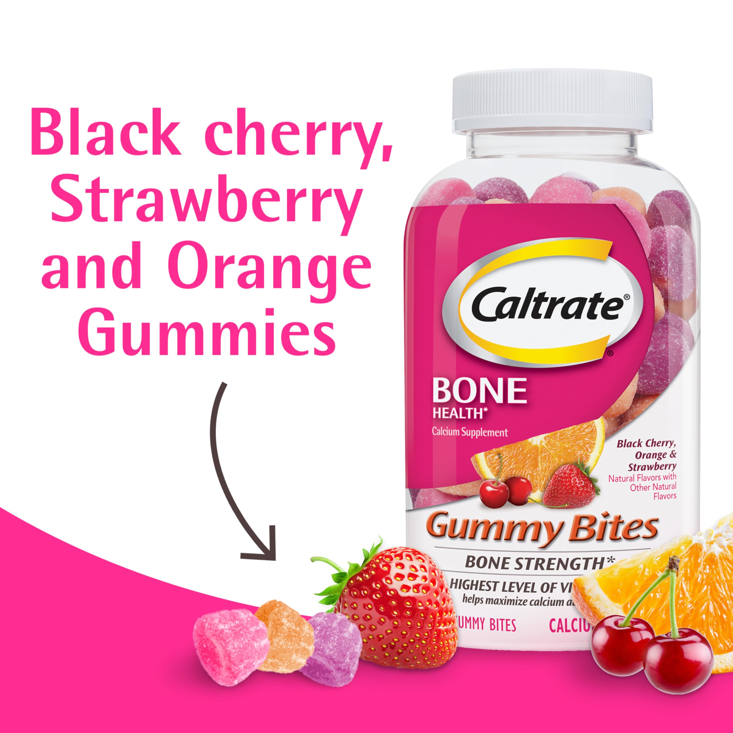 Caltrate Gummy Bites black cherry gummies close-up emphasizing flavor and calcium benefits.