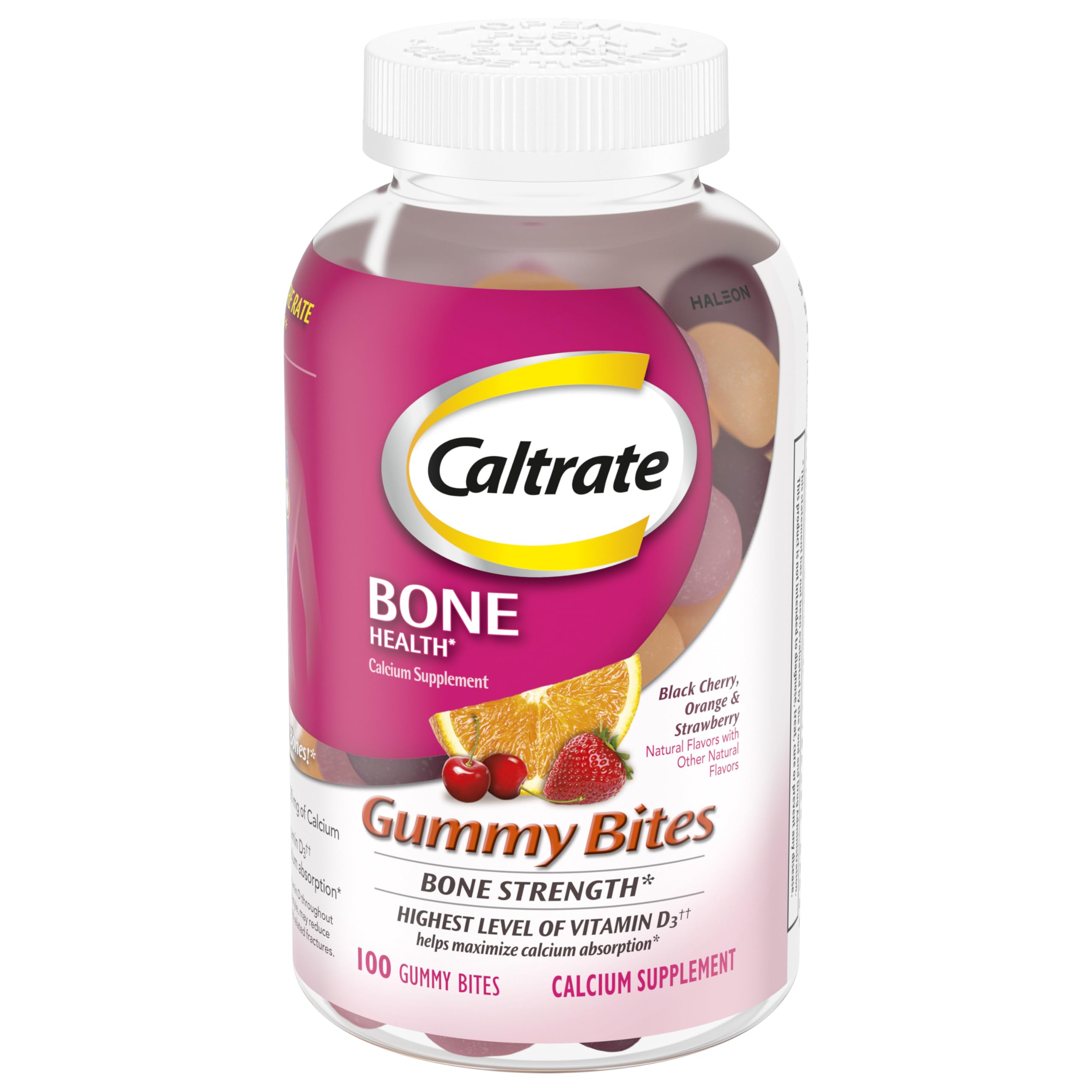 Caltrate Gummy Bites bottle close-up highlighting calcium and vitamin D for bone support.