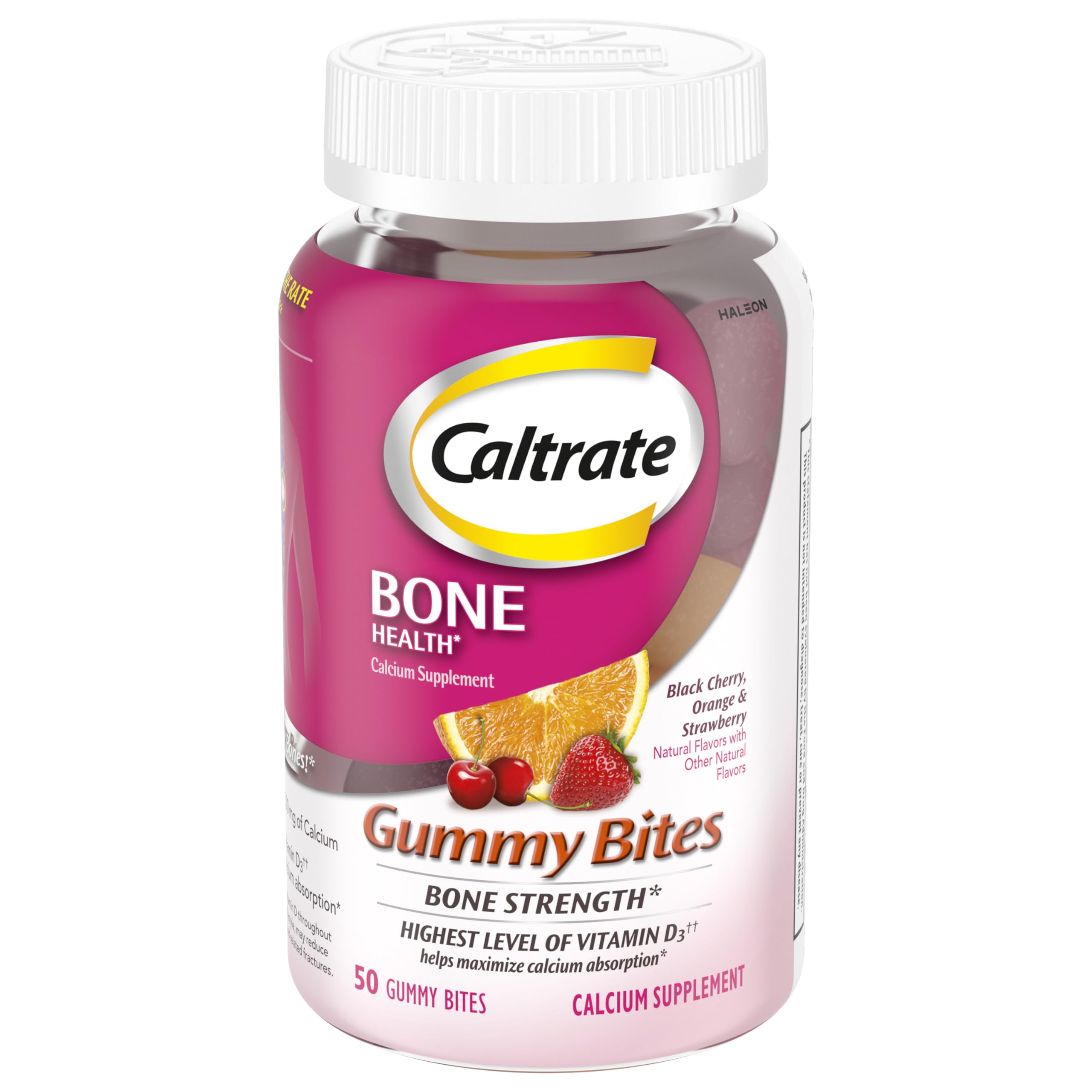 Caltrate Gummy Bites bottle front shows convenient bone-support gummies.