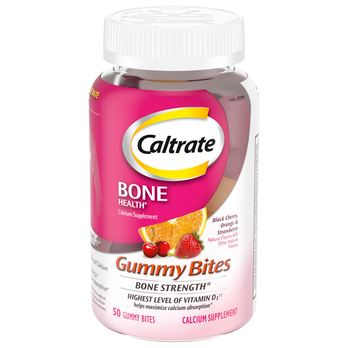 Caltrate Gummy Bites bottle front shows convenient bone-support gummies.