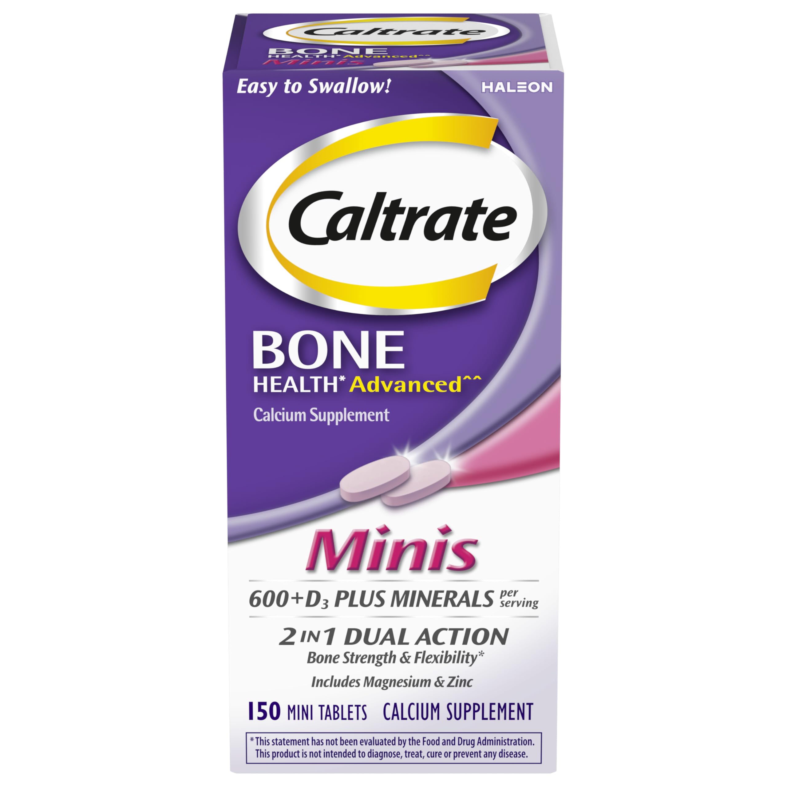 Caltrate Minis bottle with 150-count tablets for convenient daily bone support