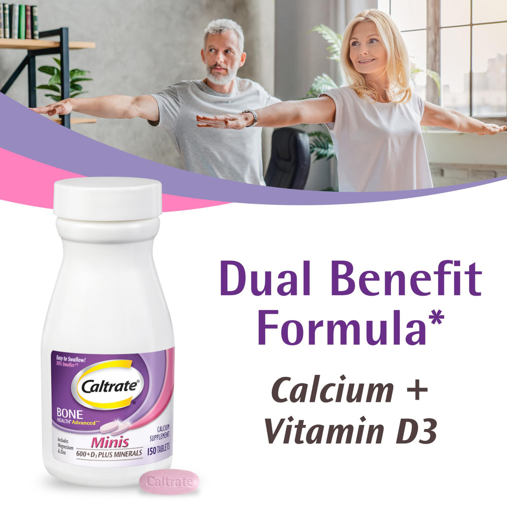 Caltrate Minis two-tablets serving shown for daily calcium and vitamin D intake