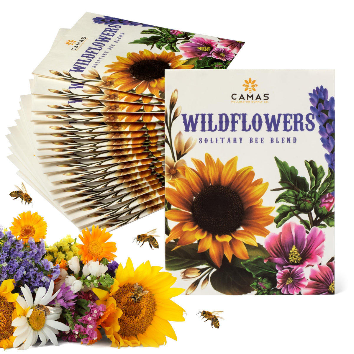Camas Pollinator Seed Packets attract bees on flowers for pollinator-friendly gardens.