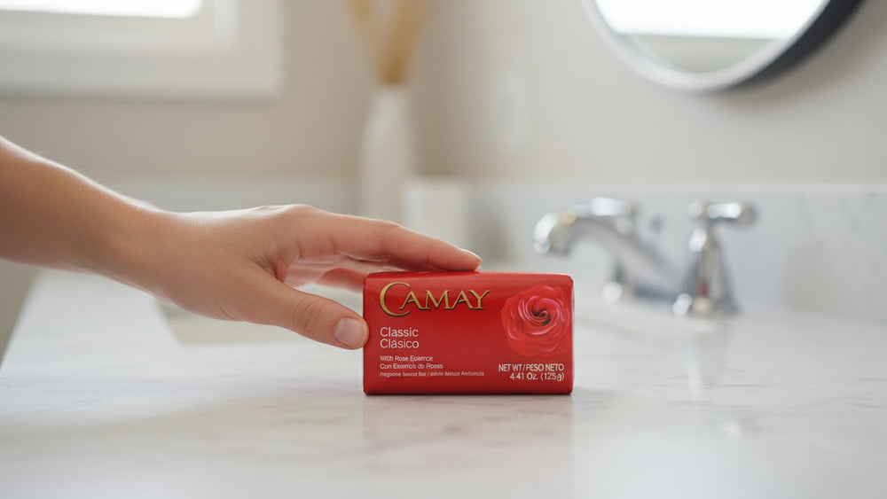 Camay Classic bathroom shelf with rose-themed packaging inviting daily use