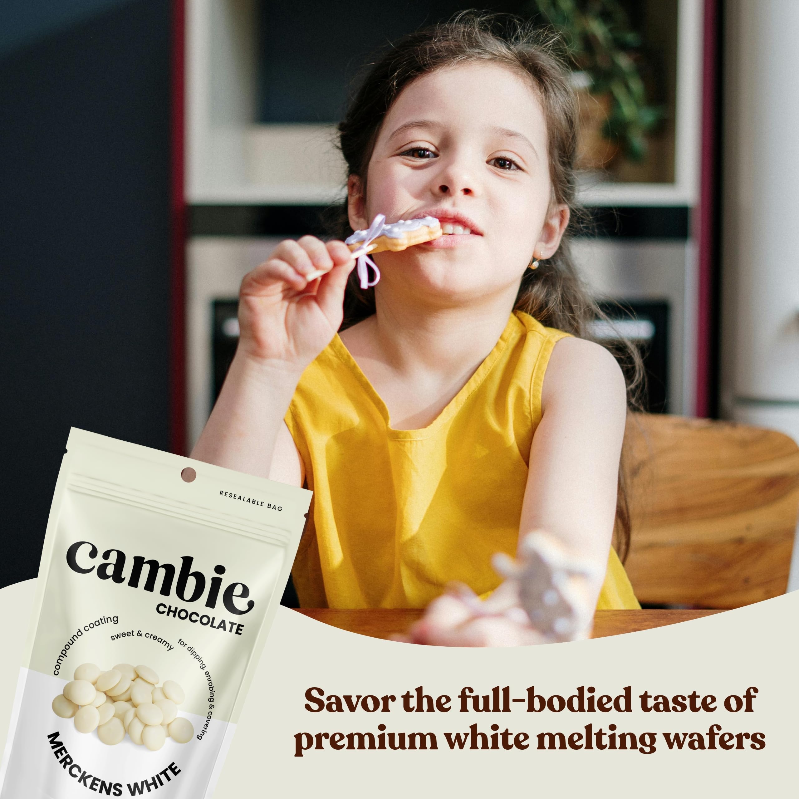 Cambie Merckens white melting chocolate wafers close-up texture shows premium quality.