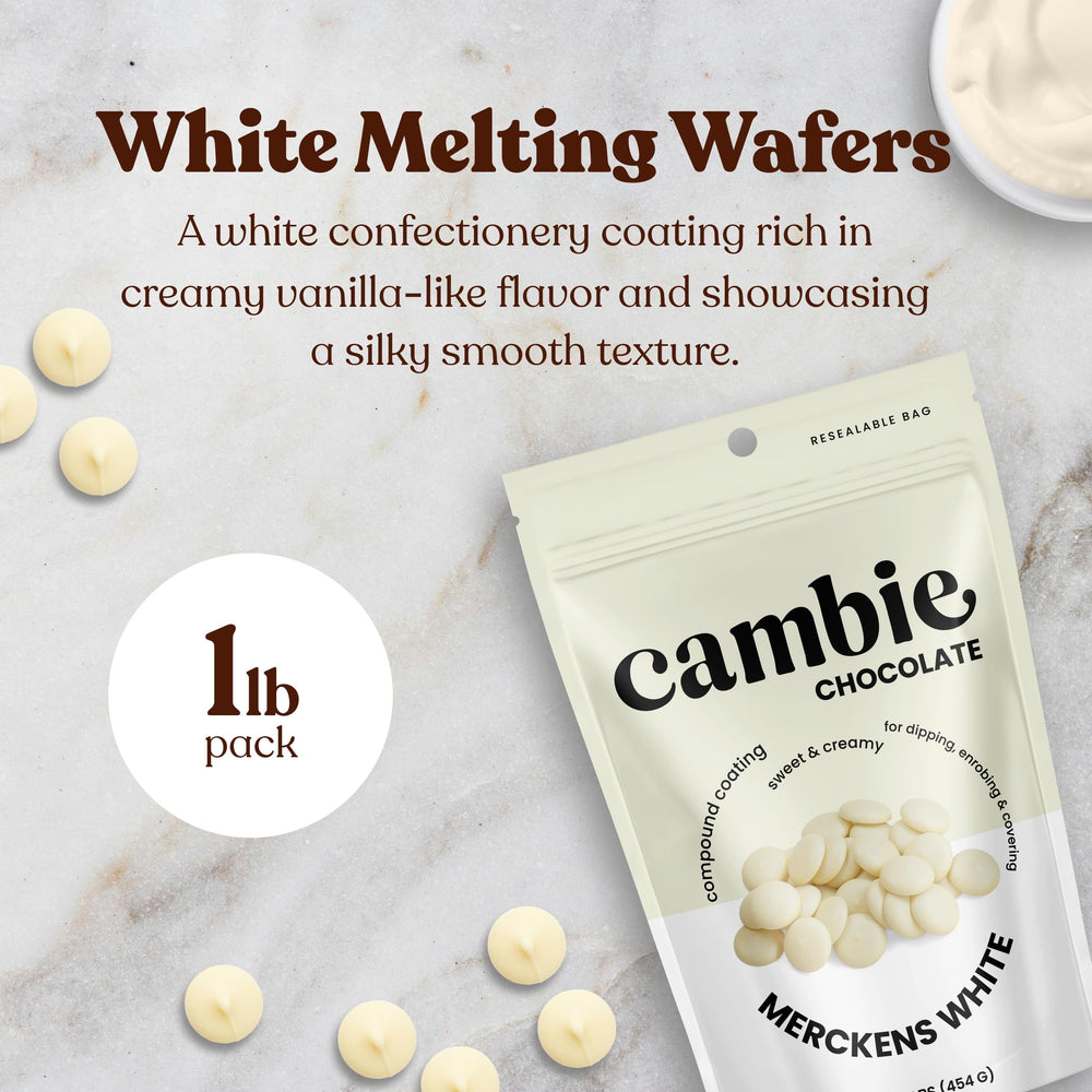 Cambie Merckens white melting chocolate wafers used to dip strawberries with gloss.