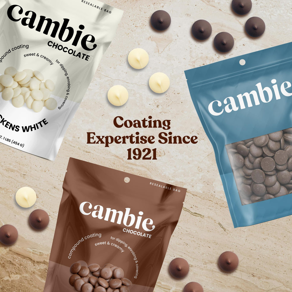 Cambie Merckens white melting chocolate wafers holiday gift packaging.