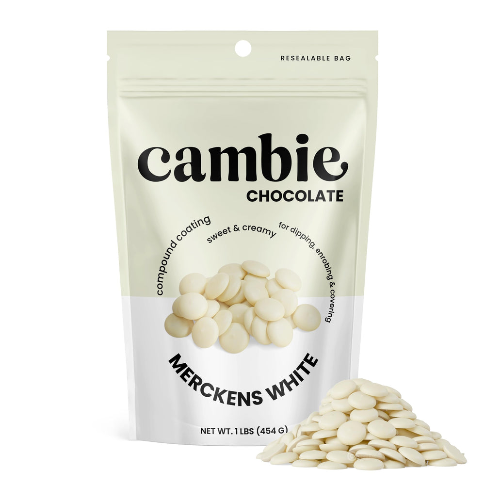 Cambie Merckens white melting chocolate wafers packaging for quick, easy melting.