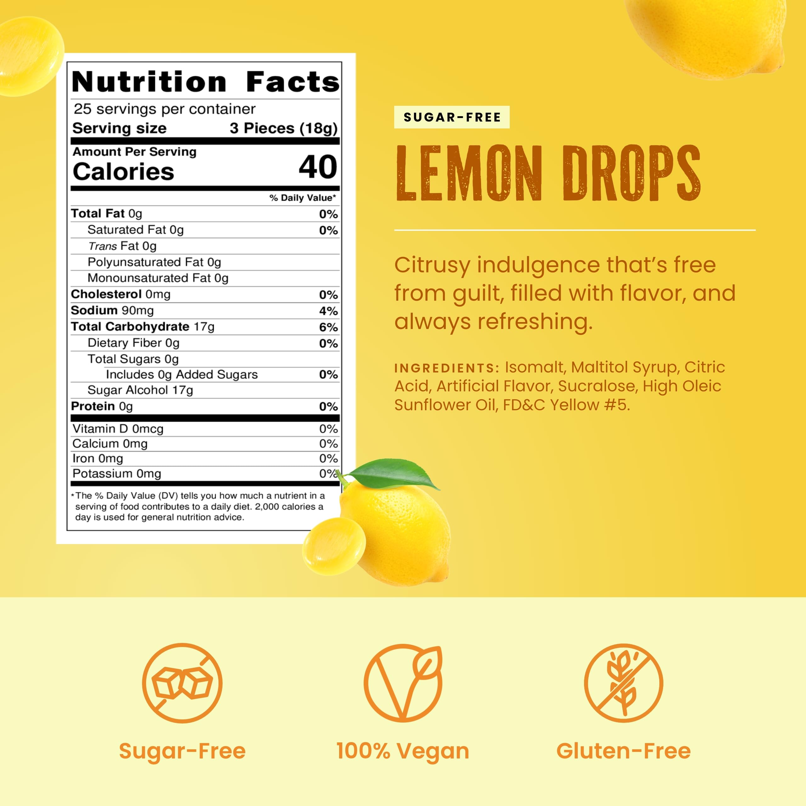 Cambie Sugar Free Lemon Drops candies closeup highlights bright lemon color for snacking.