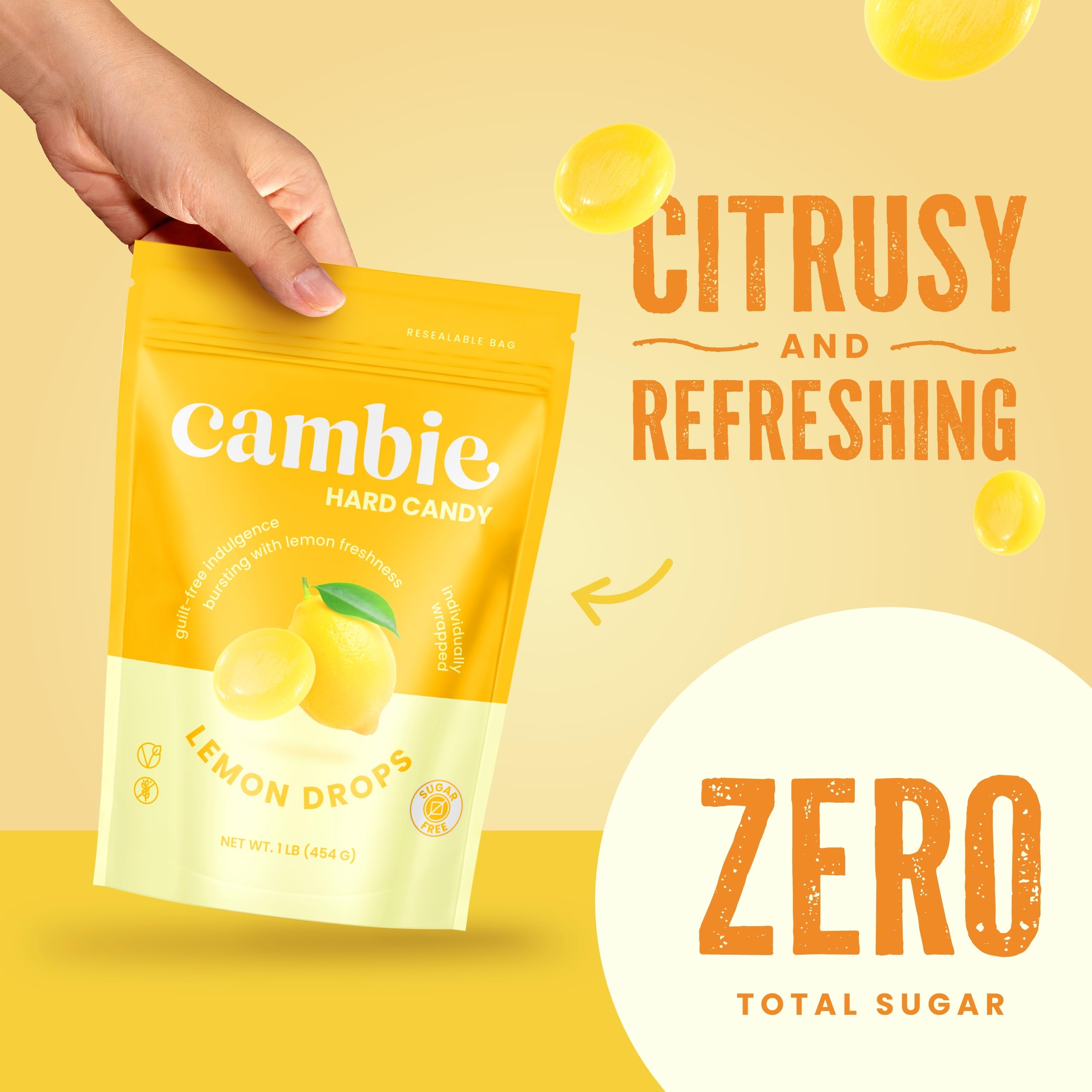 Cambie Sugar Free Lemon Drops on office desk with coffee.