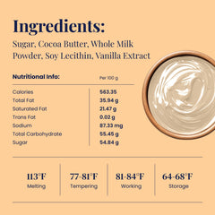 Cambie white chocolate couverture 28 percent chips close-up, showing smooth texture for glossy results.