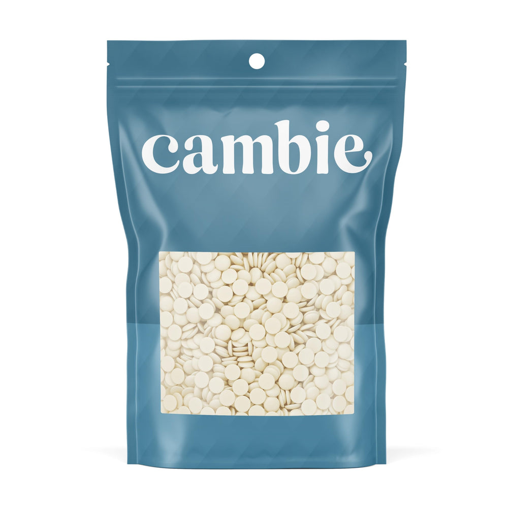 Cambie white chocolate couverture 28 percent packaging, ideal for professional use and stocking.