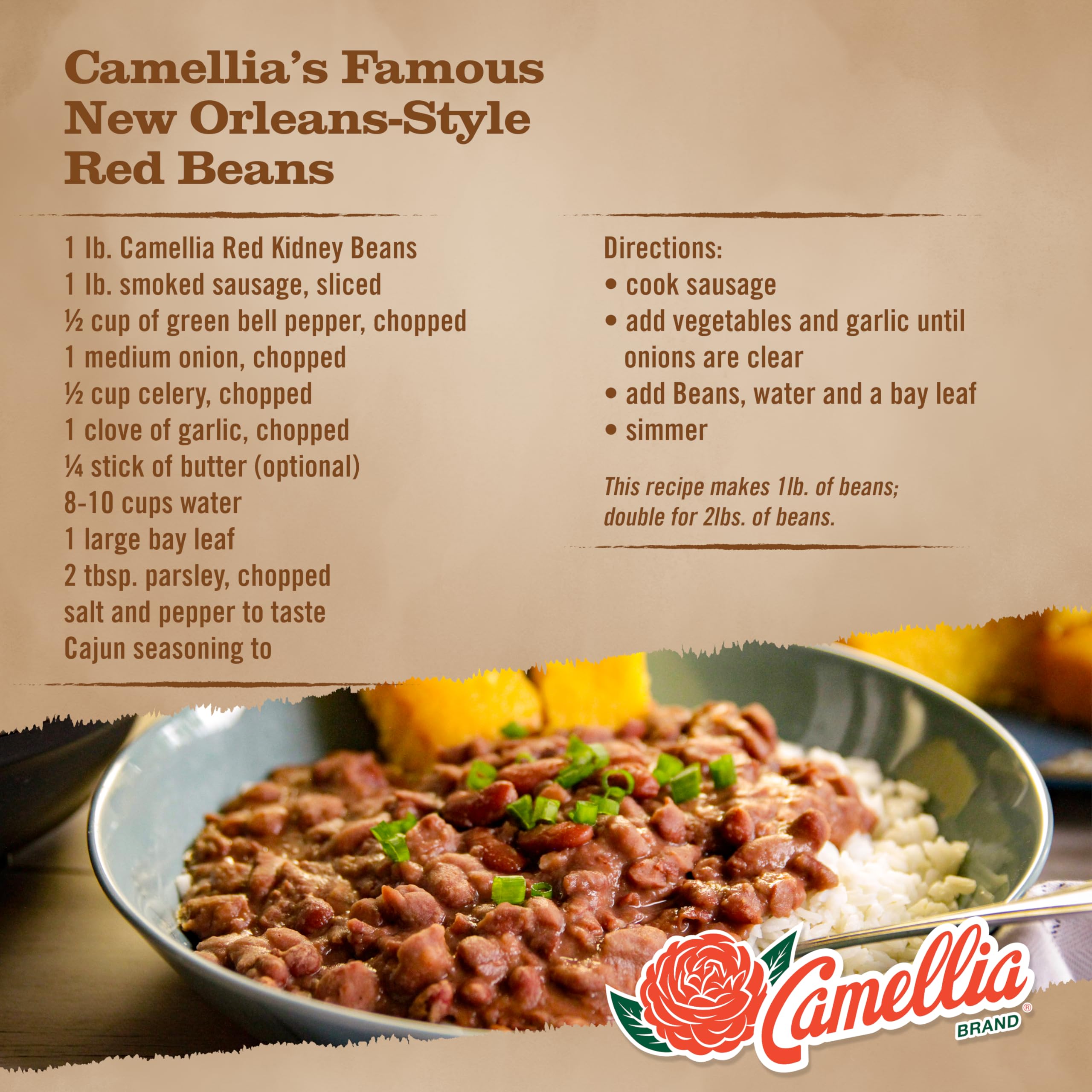 Camellia Brand package label emphasizing premium non-GMO dry beans from a family-owned brand.