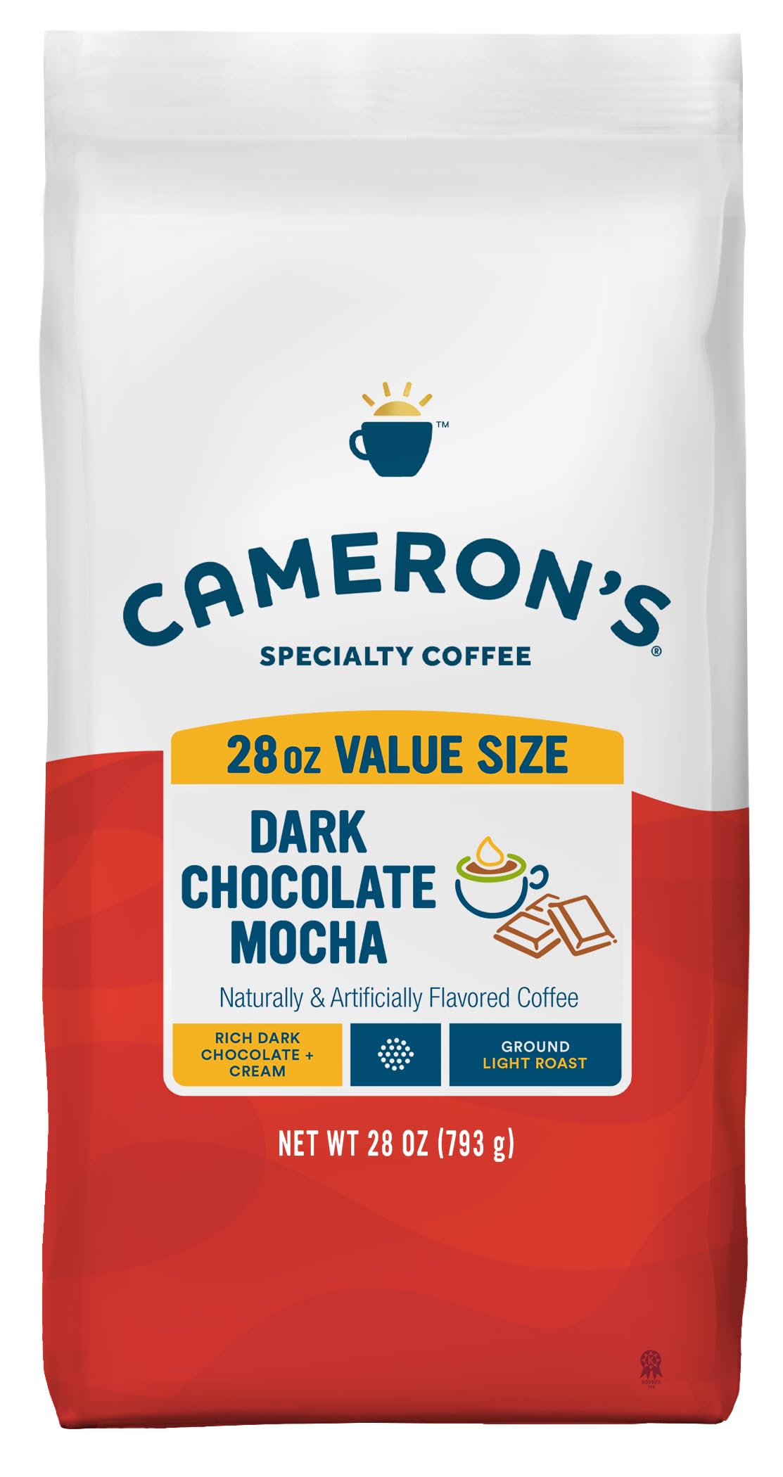 Cameron's Coffee Dark Chocolate Mocha bag shows a sustainable, small-batch roast for home brewing.