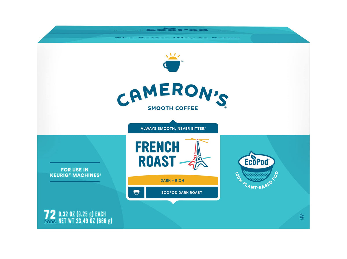 Cameron's Coffee French Roast pods in a 72-count box for quick mornings.