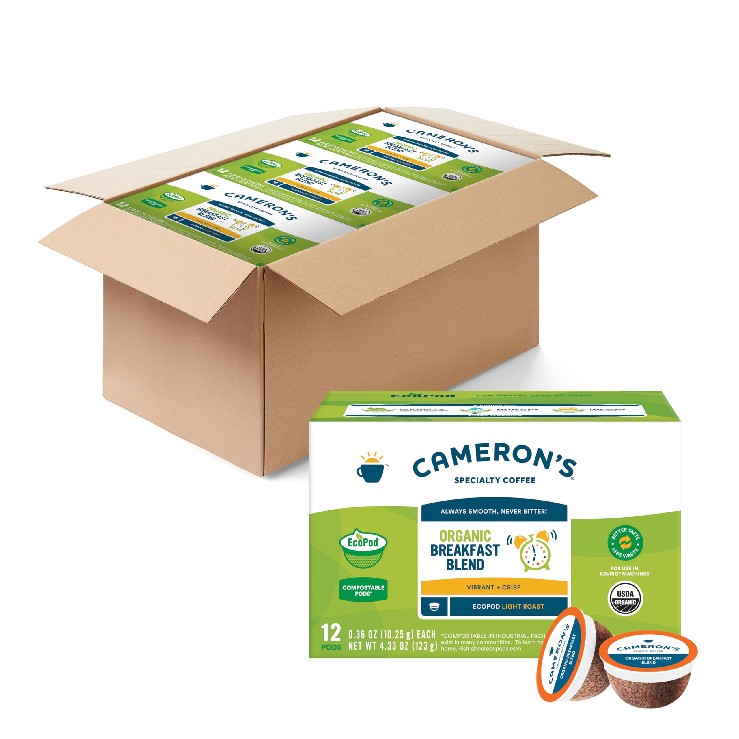 Cameron's Coffee Organic Breakfast Blend pods box front for quick, fresh mornings.