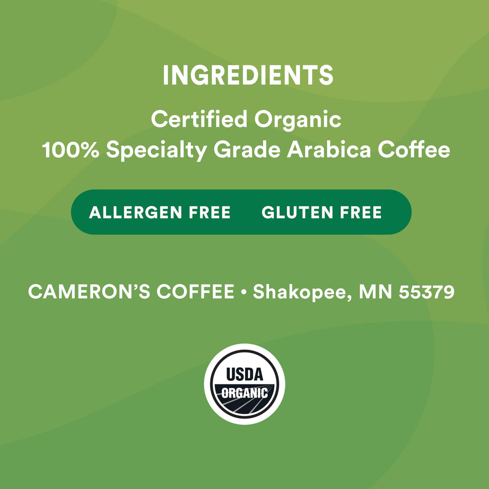 Cameron's Organic Breakfast Blend pods package seal preserves freshness for travel.