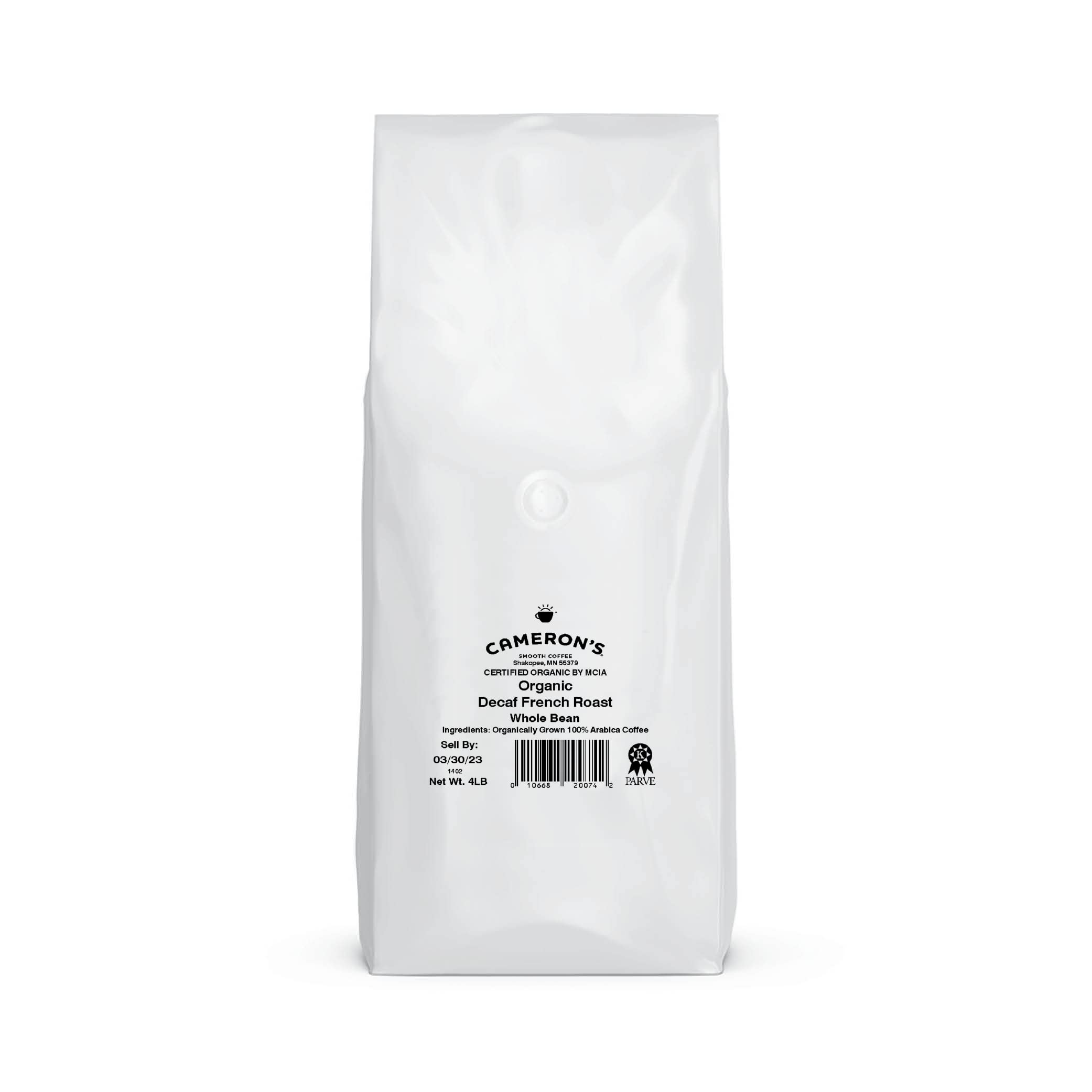 Cameron's Coffee Organic Decaf French Roast beans close-up showing rich aroma.