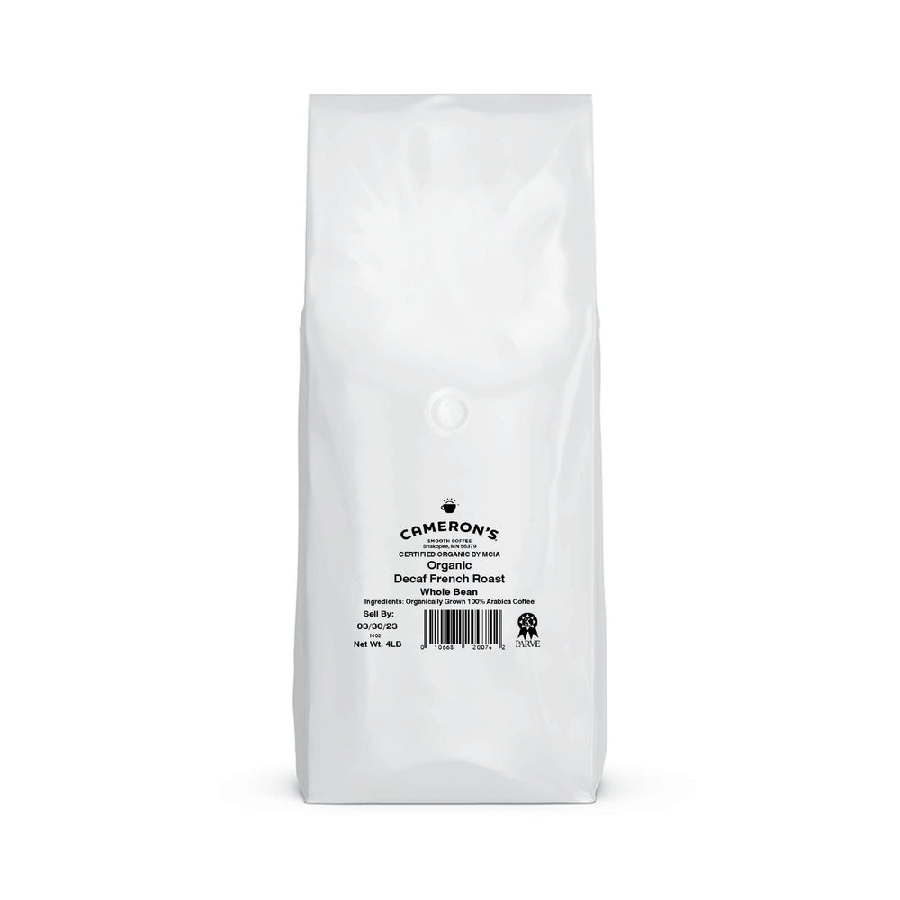 Cameron's Coffee Organic Decaf French Roast beans close-up showing rich aroma.