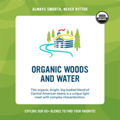 Pour-over scene featuring Cameron's Organic Woods & Water for a crisp morning