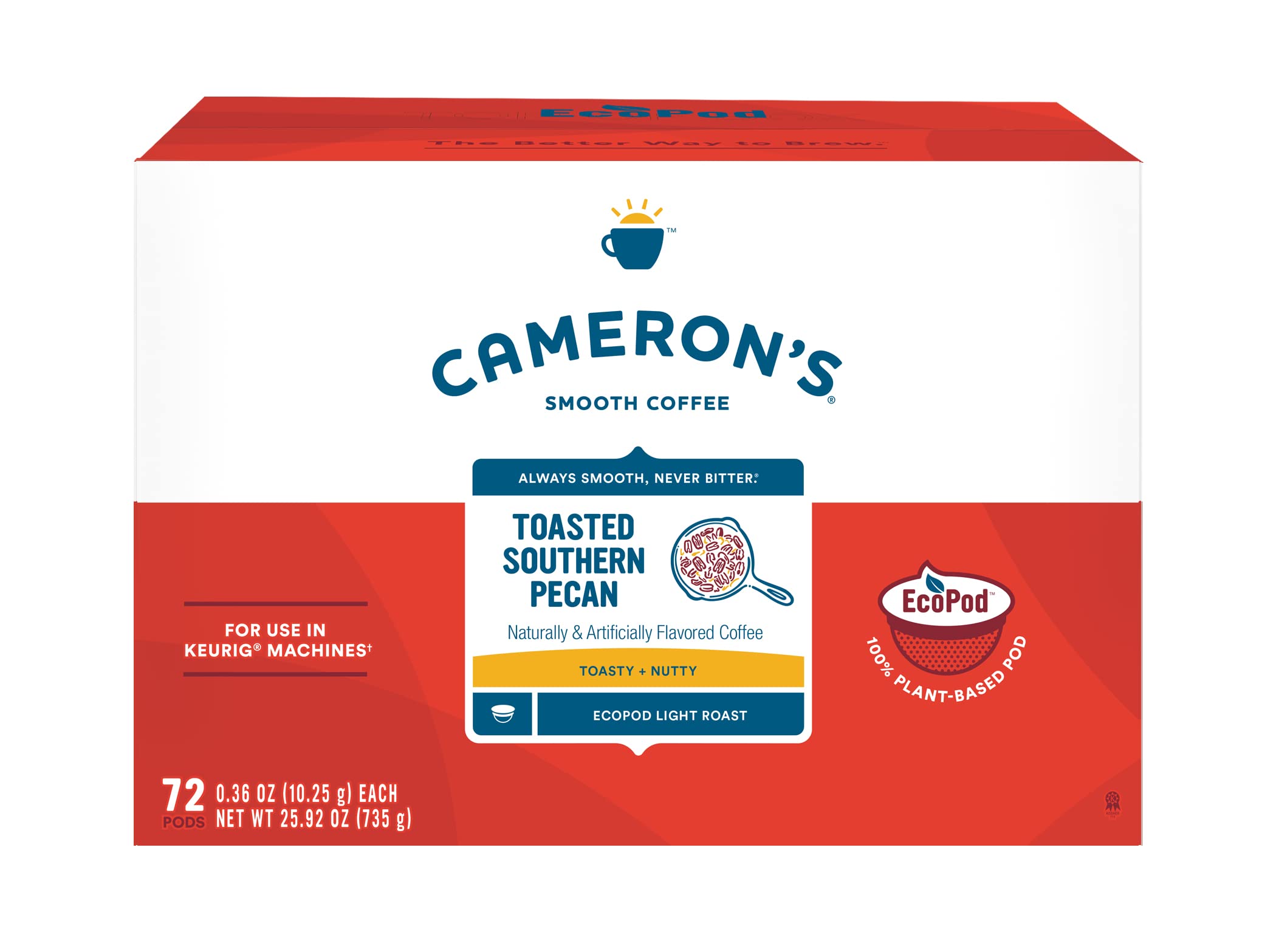 Cameron's Coffee toasted southern pecan pods in a 72-pack box for home brewing.