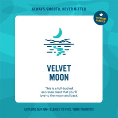 Cameron's Velvet Moon Espresso Roast whole beans close-up highlighting quality aroma for home espresso.