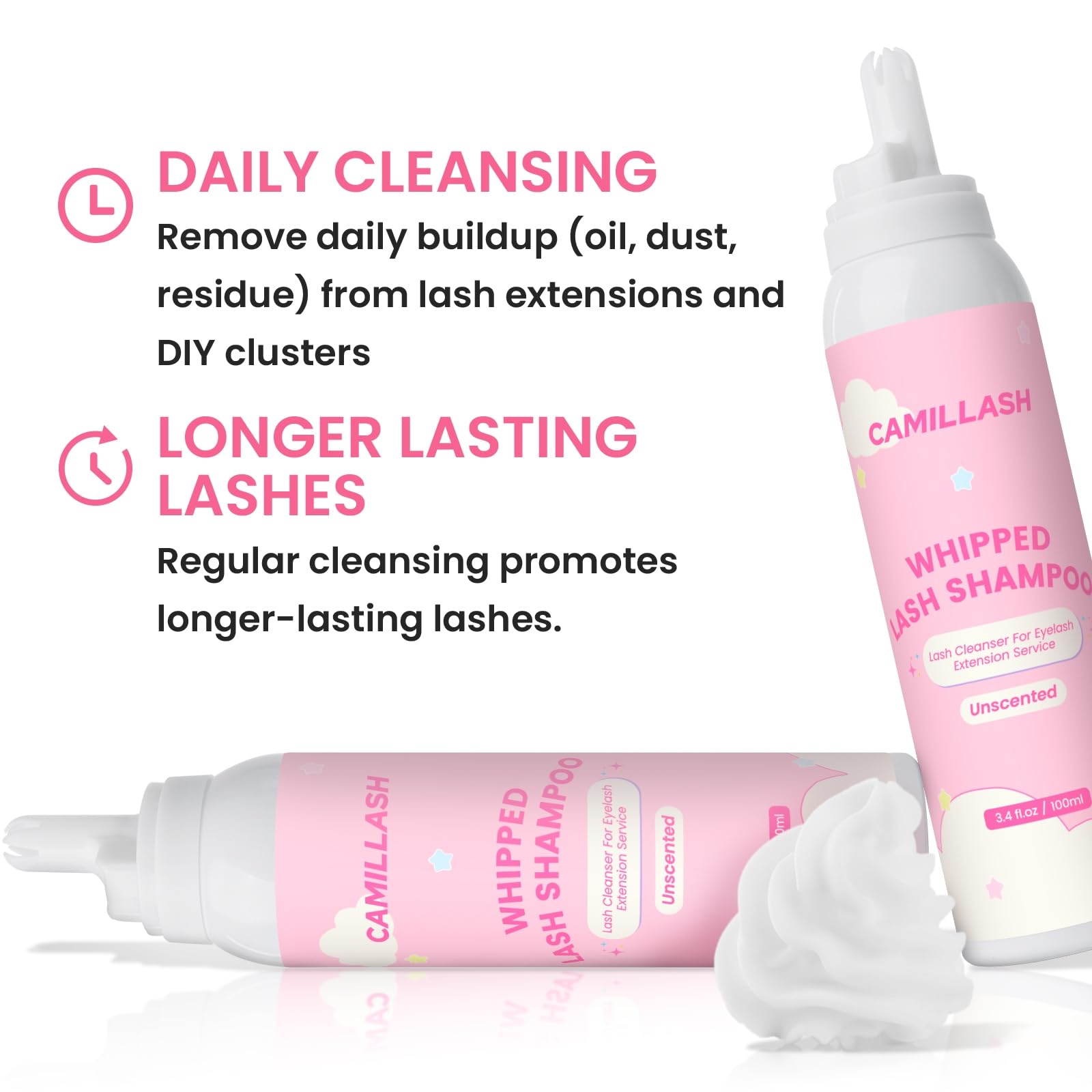 Lash extensions being cleaned with Camillash cleanser in use