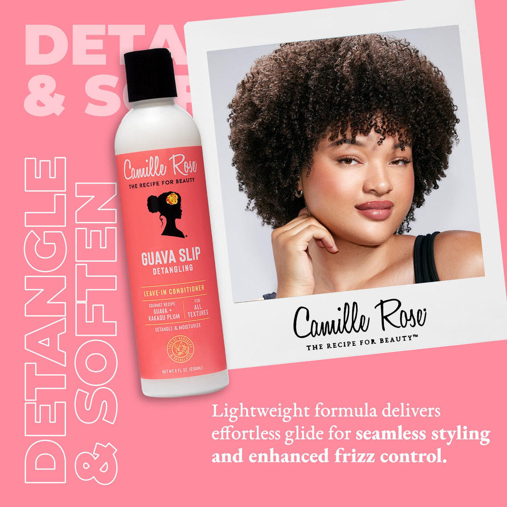Camille Rose Guava Slip hair application demonstrates easy distribution on damp or dry hair.