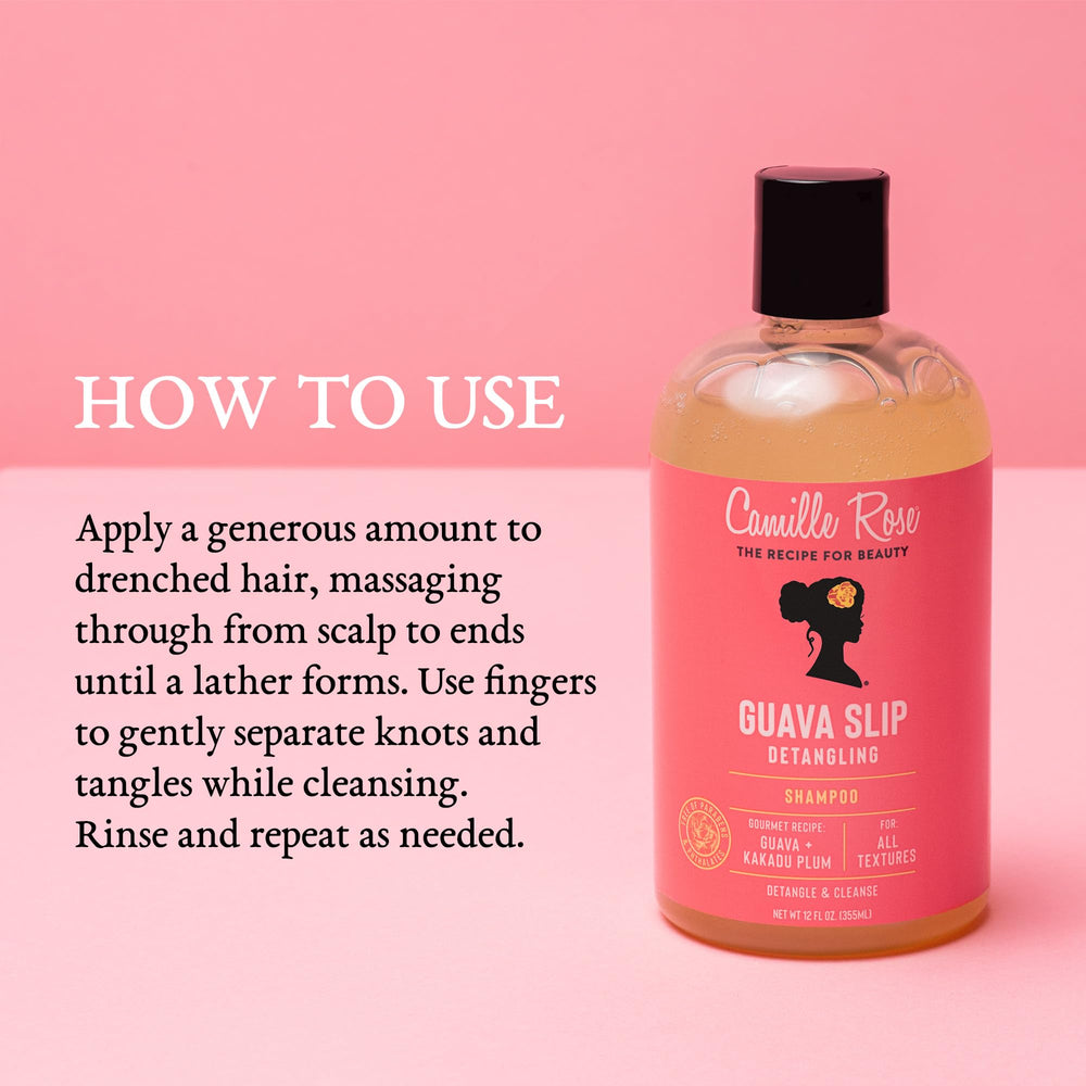 Hands massage Camille Rose Guava Slip Detangling Shampoo through drenched hair