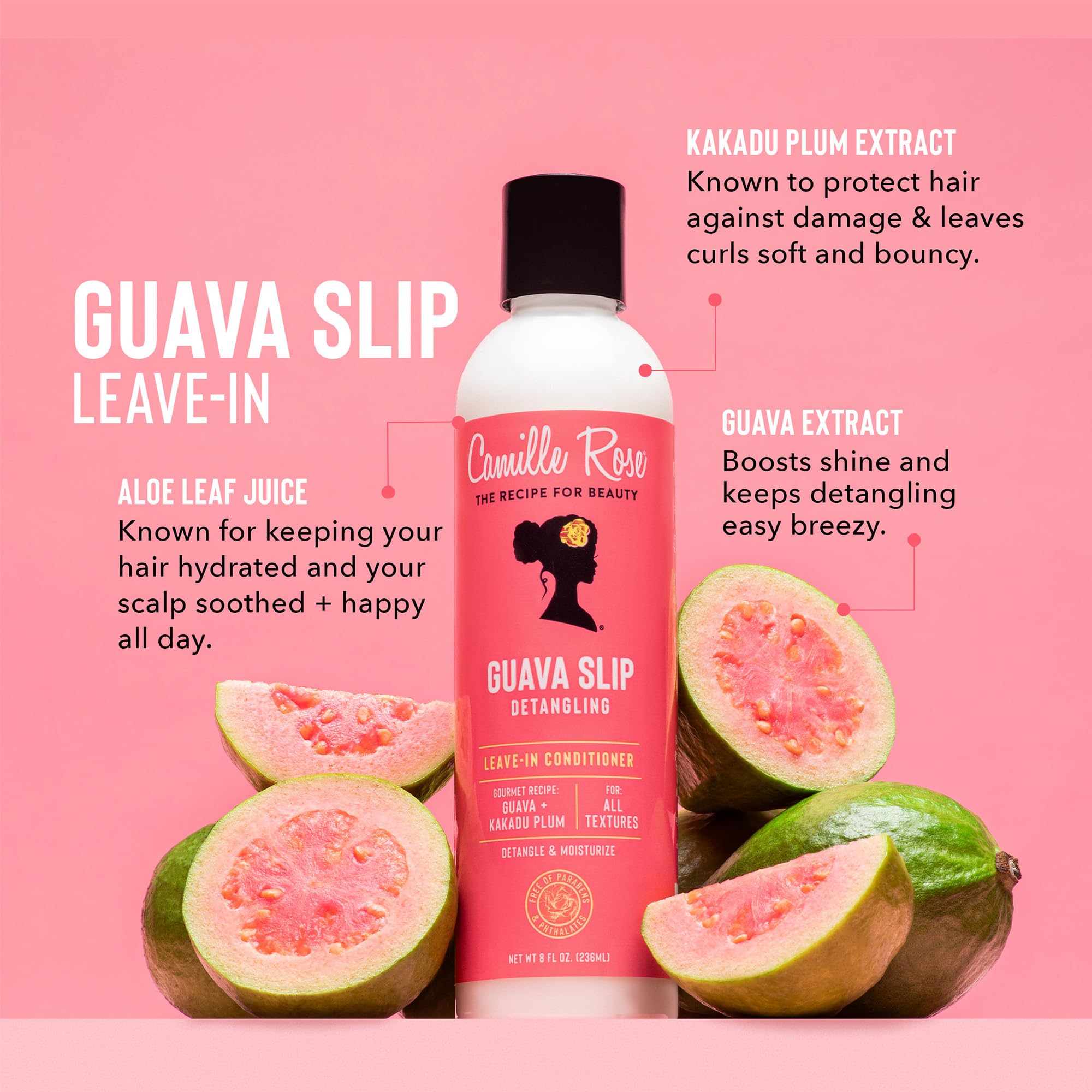 Camille Rose Guava Slip frizz-control delivers a smoother texture.