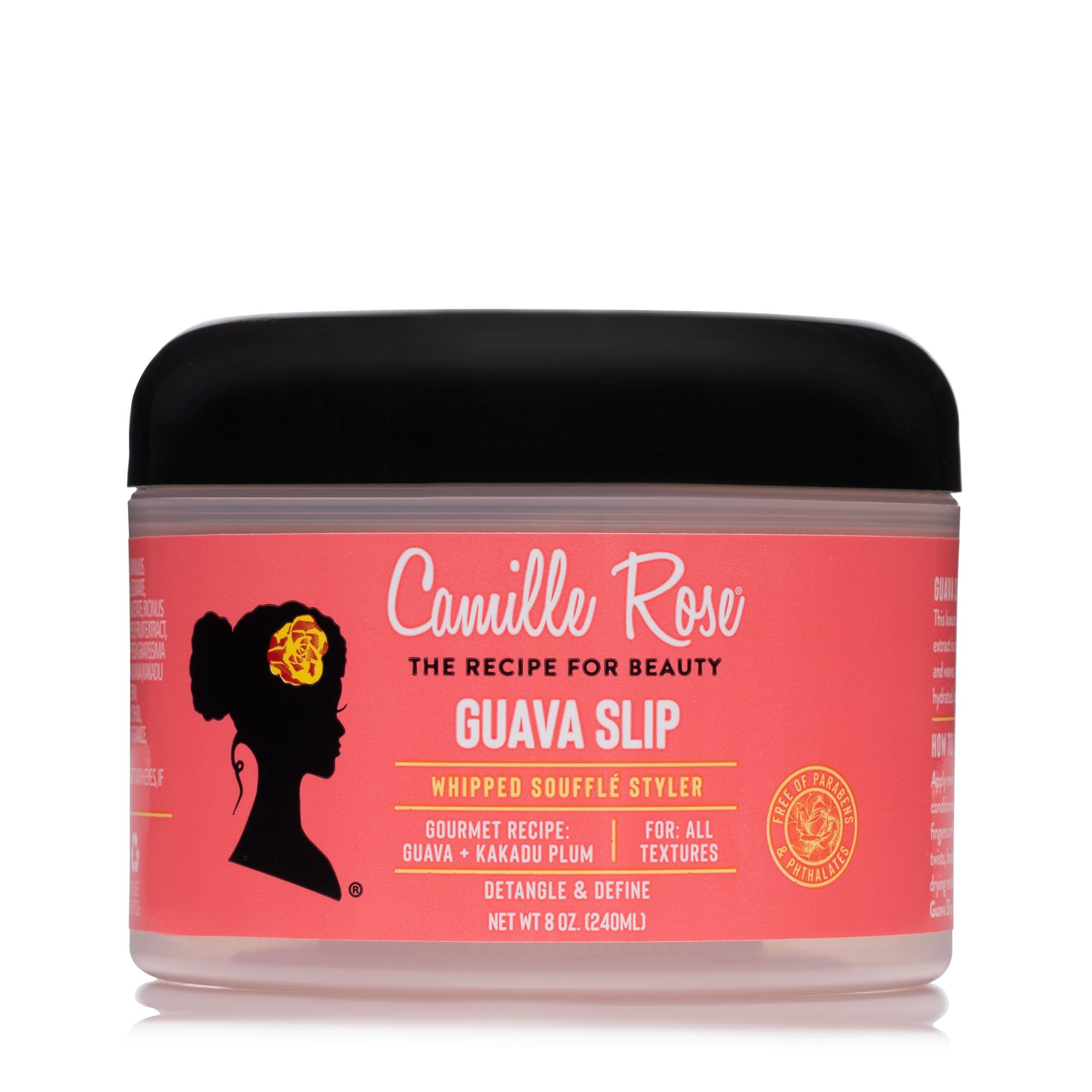 Camille Rose Guava Whipped Hair Cream bottle close-up highlighting detangling-friendly formula.