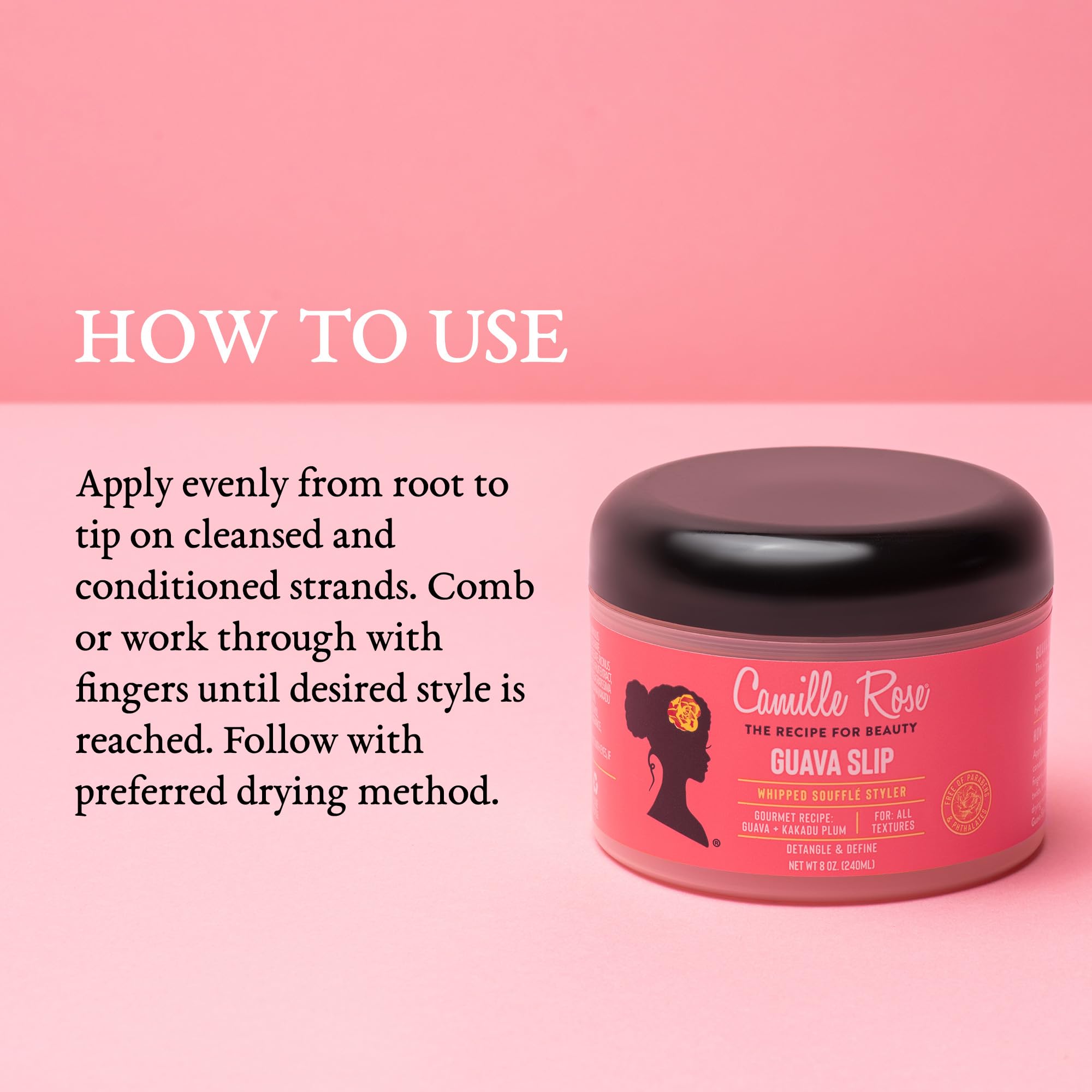 Camille Rose Guava Whipped Hair Cream after-frizz control and smoothness close-up.