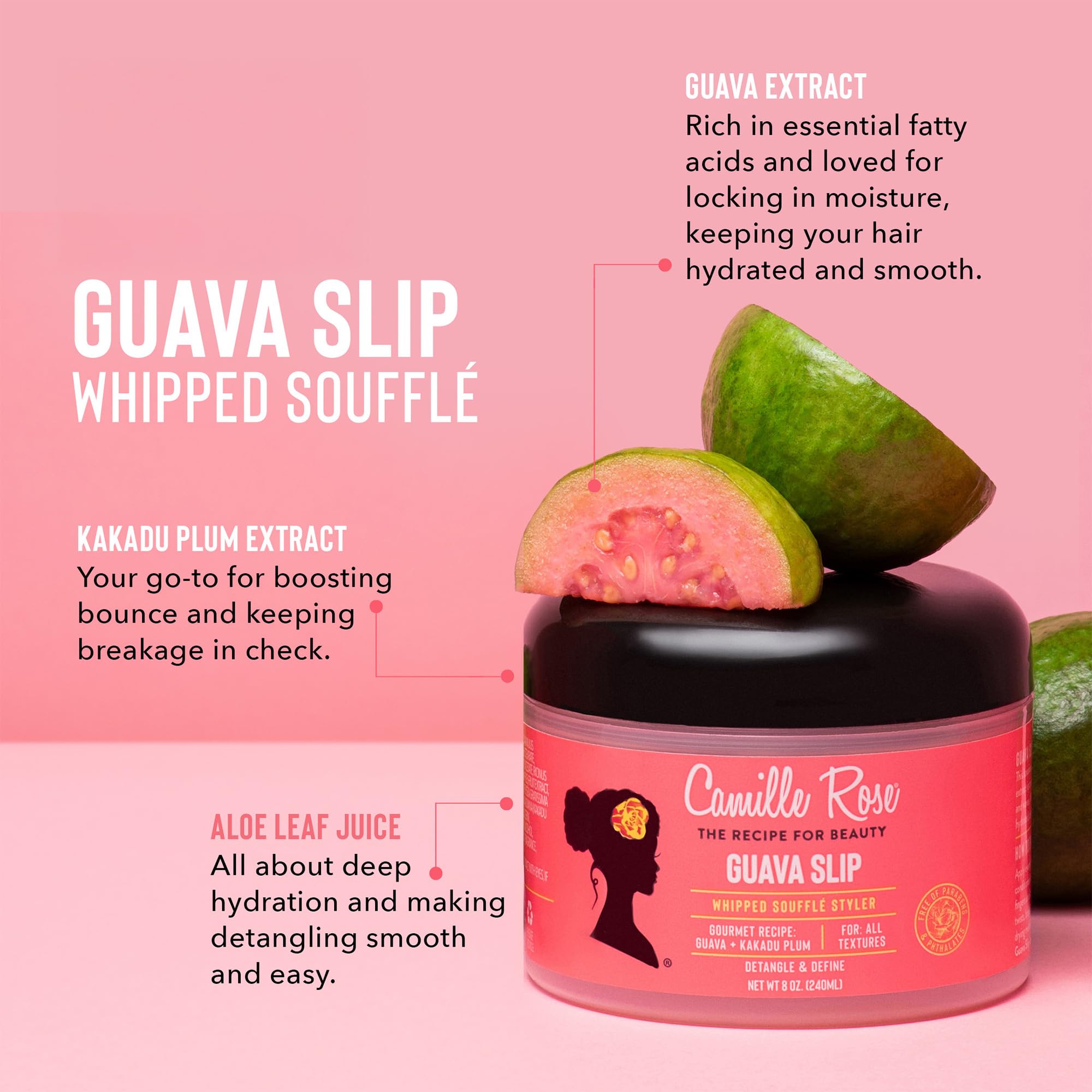 Camille Rose Guava Whipped Hair Cream model hair close-up highlighting defining shine.